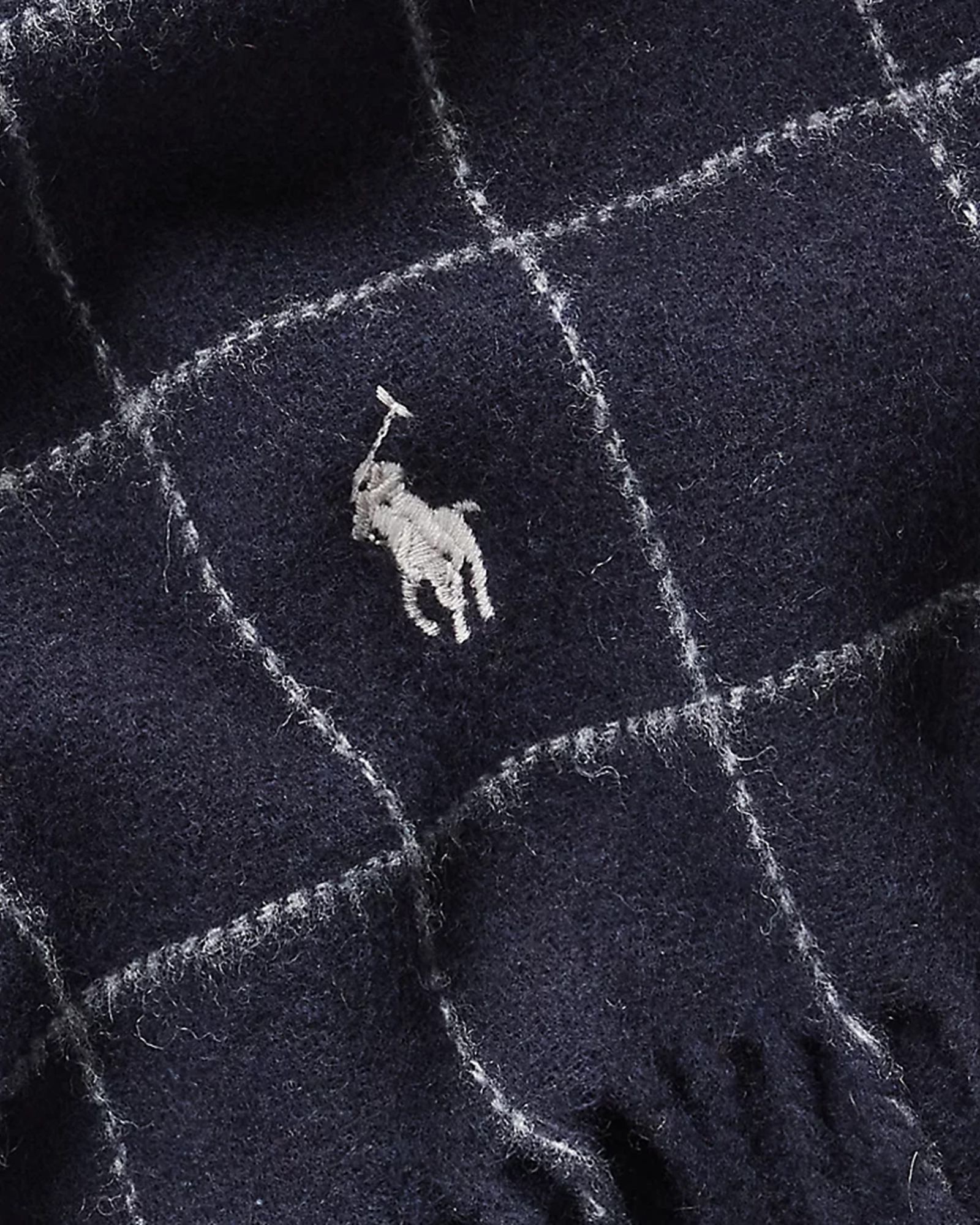 scarf, navy, checkered, fringed, knit