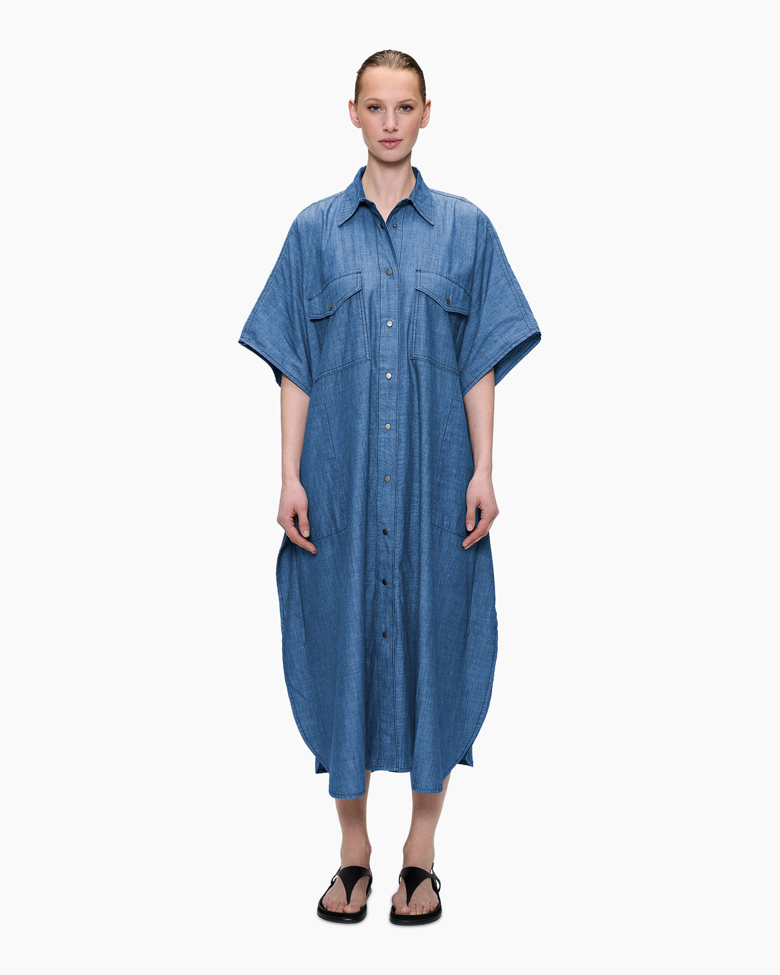 denim dress, long dress, button front, short sleeves, collared dress