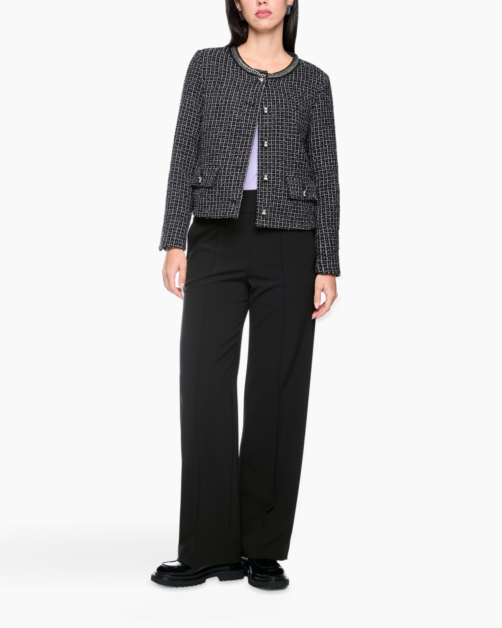 jacket, tweed, black, long pants, buttoned
