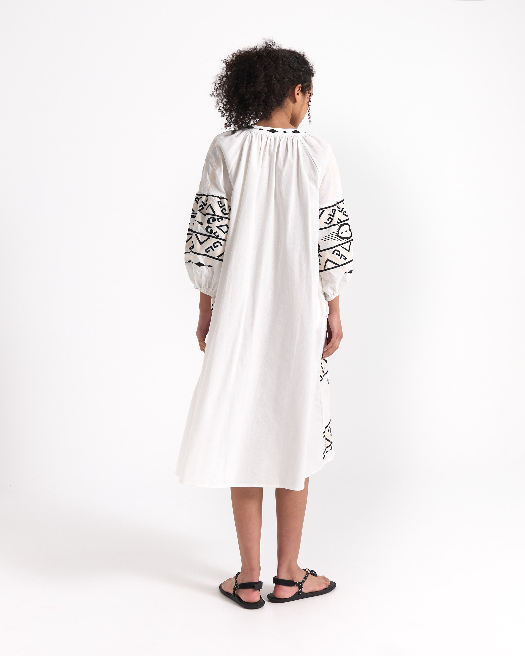 white dress, embroidery sleeves, long dress, loose fit, sandals