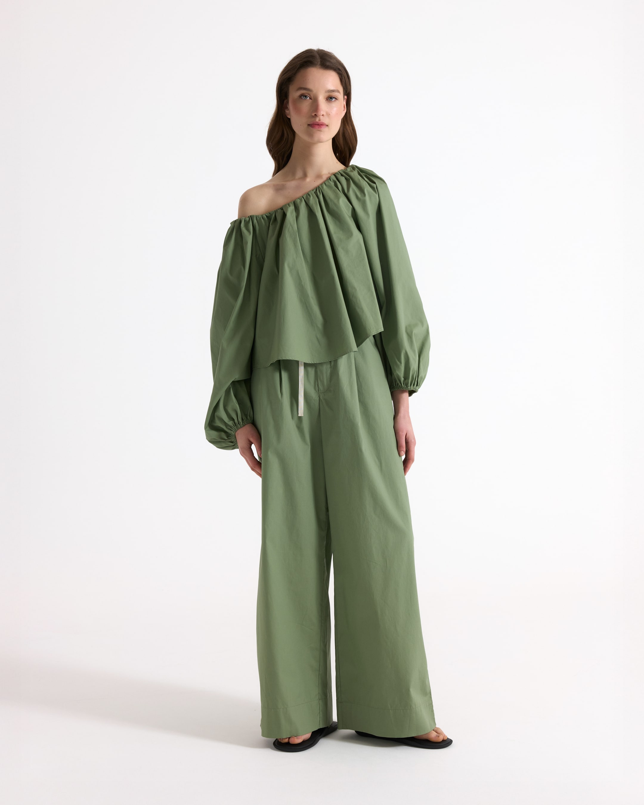 off-shoulder, green, wide-leg, jumpsuit, puff-sleeve