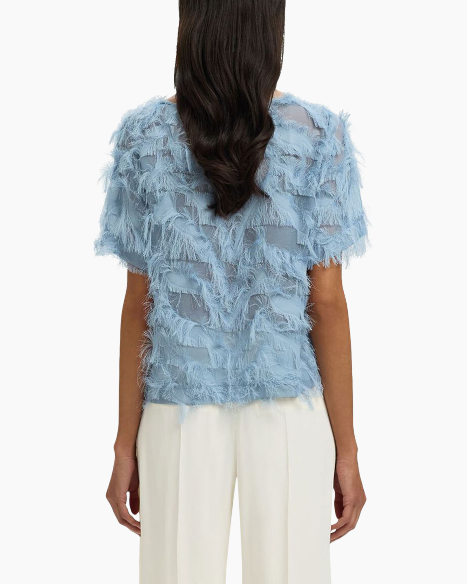 top, blouse, feathered, sheer, blue