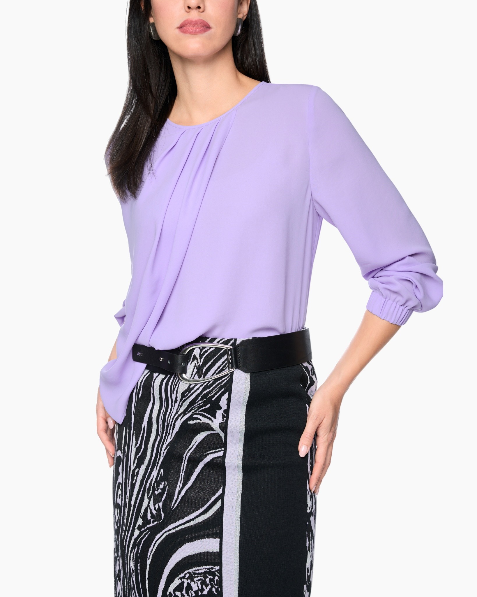 blouse, lavender, longsleeve, pleats, belted