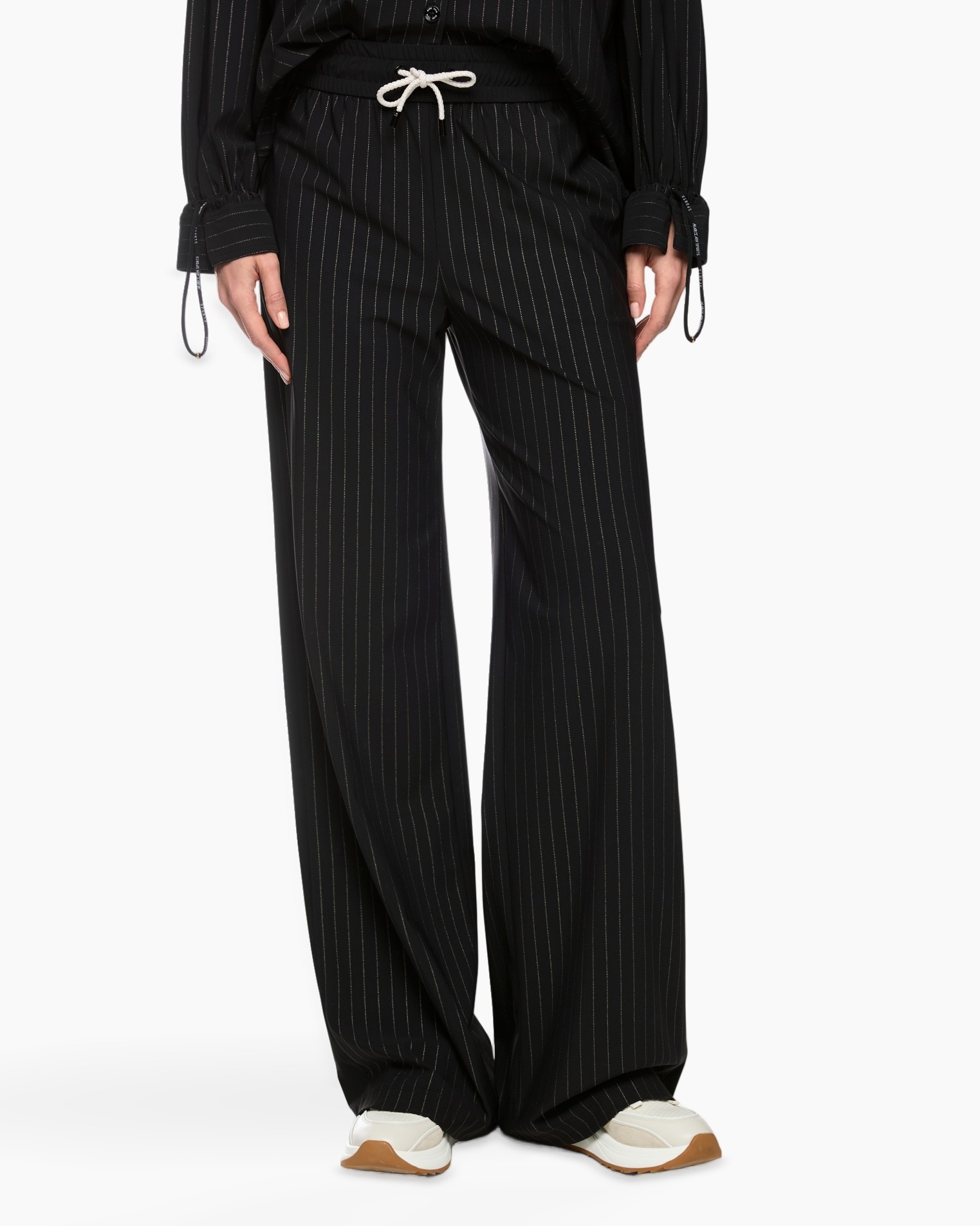 pinstripe, wide-leg, sweatpants, drawstring, black