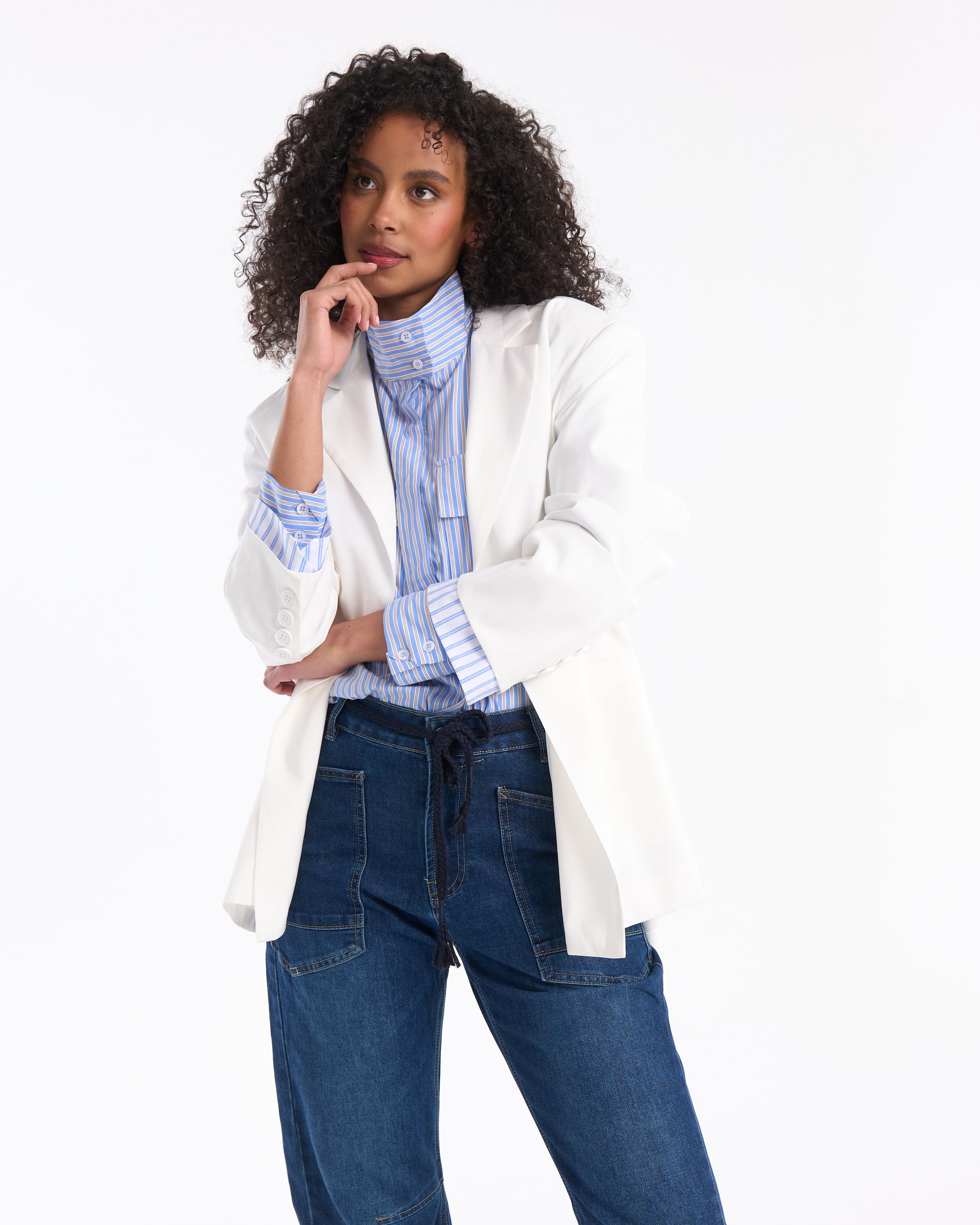 blazer, white blazer, striped shirt, blue jeans, casual outfit