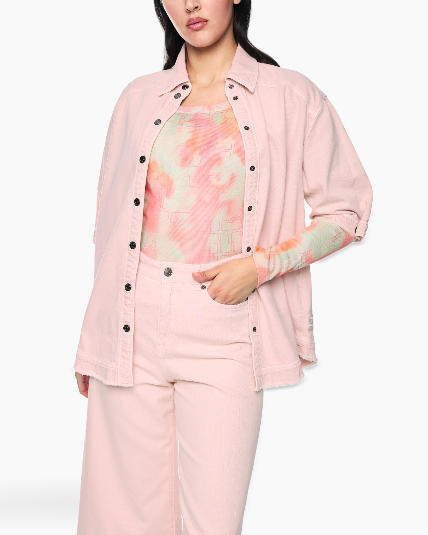 pink, denim, jacket, outerwear, tie-dye