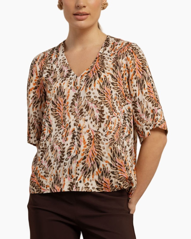 blouse, top, short sleeves, leaf print, beige brown