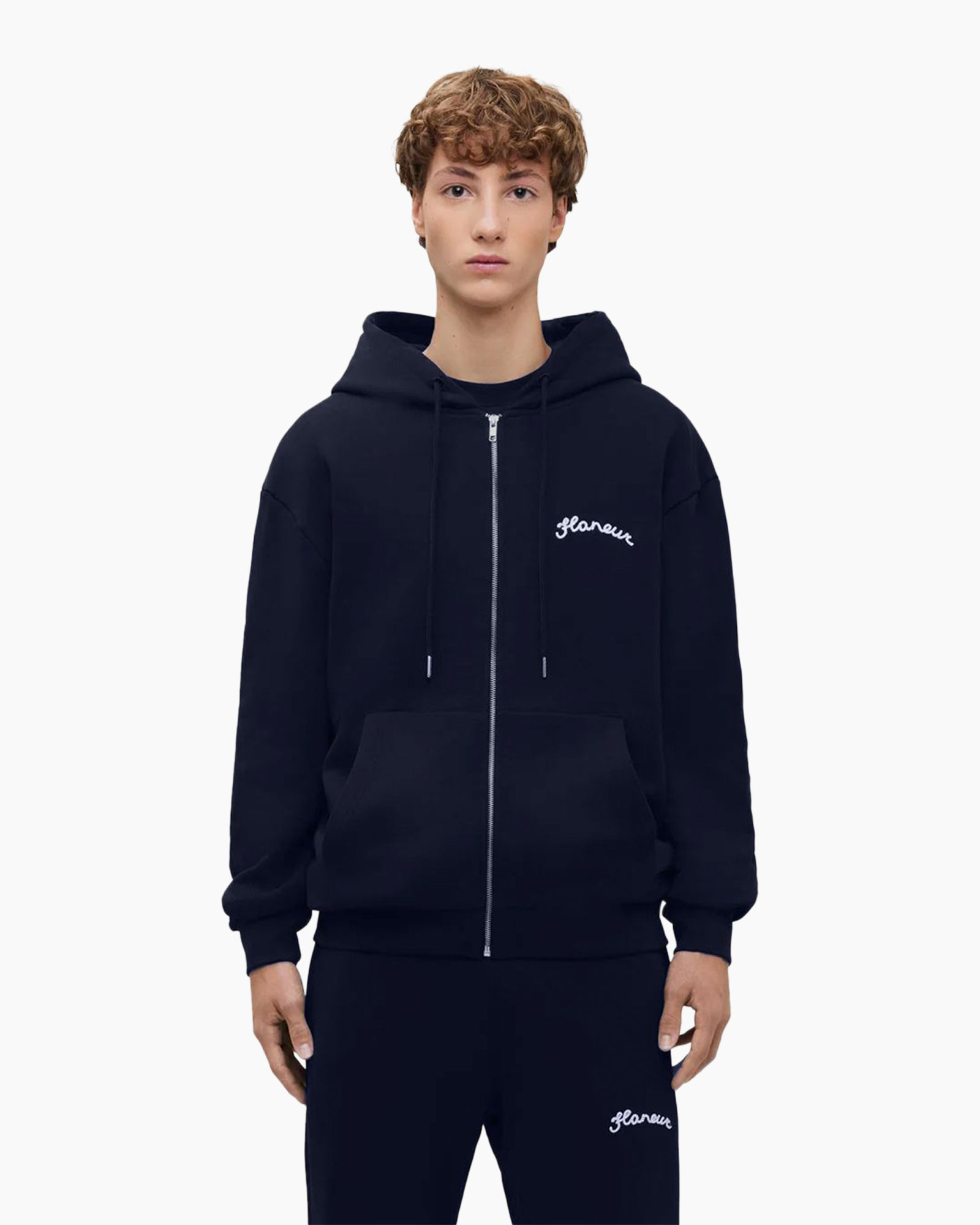 hoodie, zipper, navy, logo, pockets