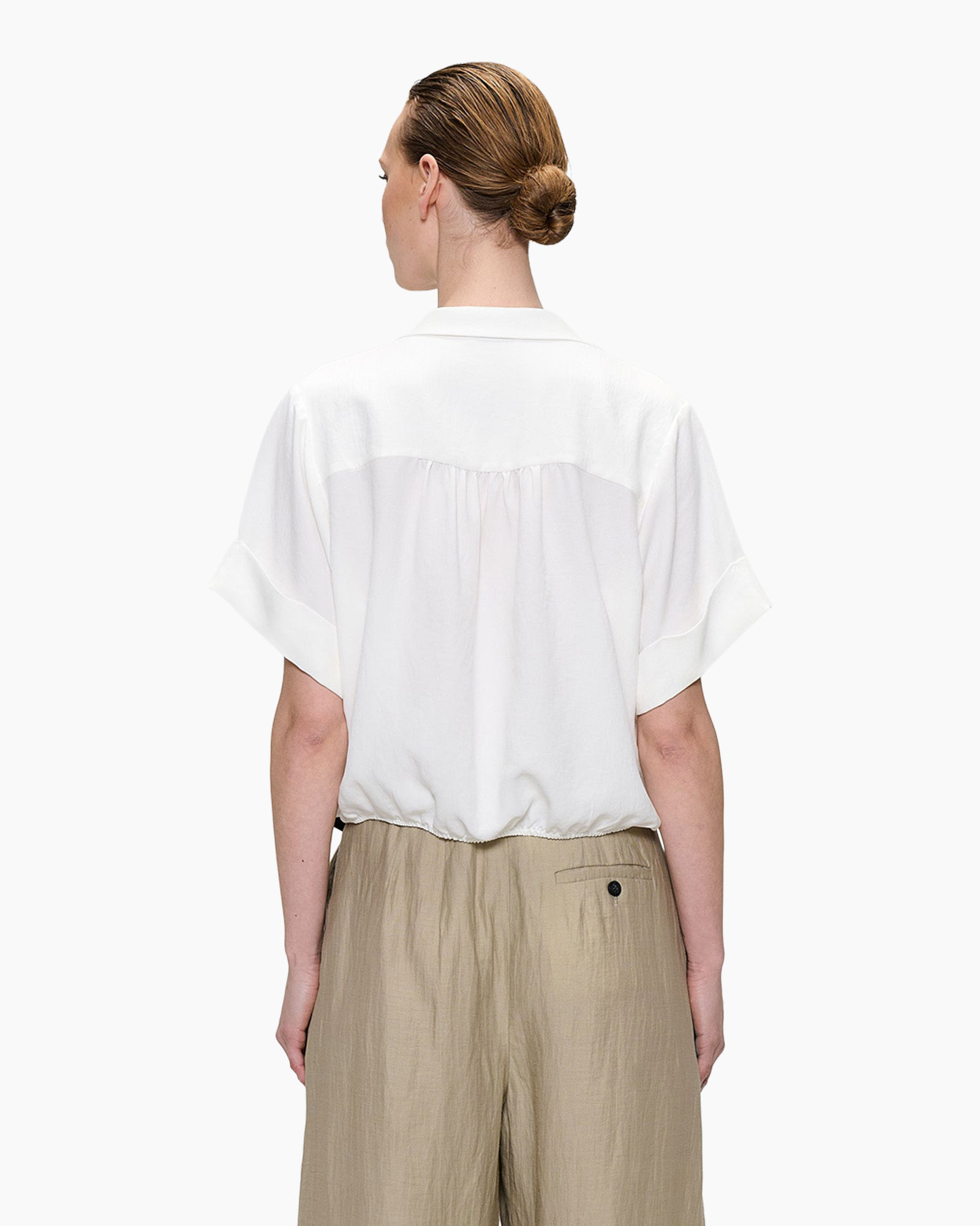 white blouse, short sleeve, collared, loose fit, back view