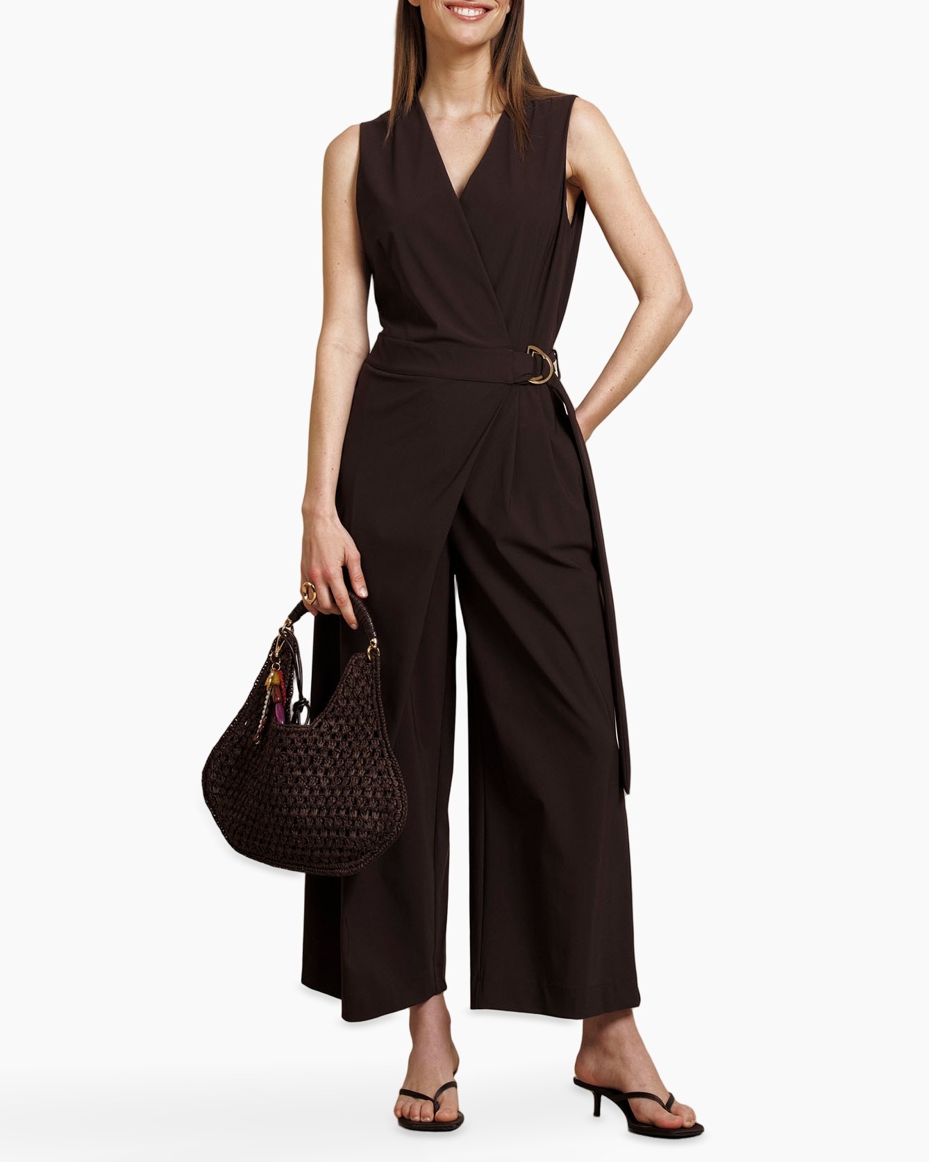 jumpsuit, wrap, wide-leg, brown, belted