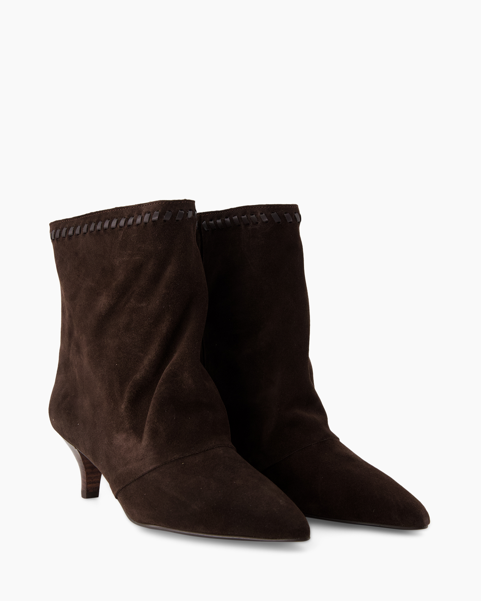 ankle boots, brown suede, mid heel, stitch detail, pointed toe