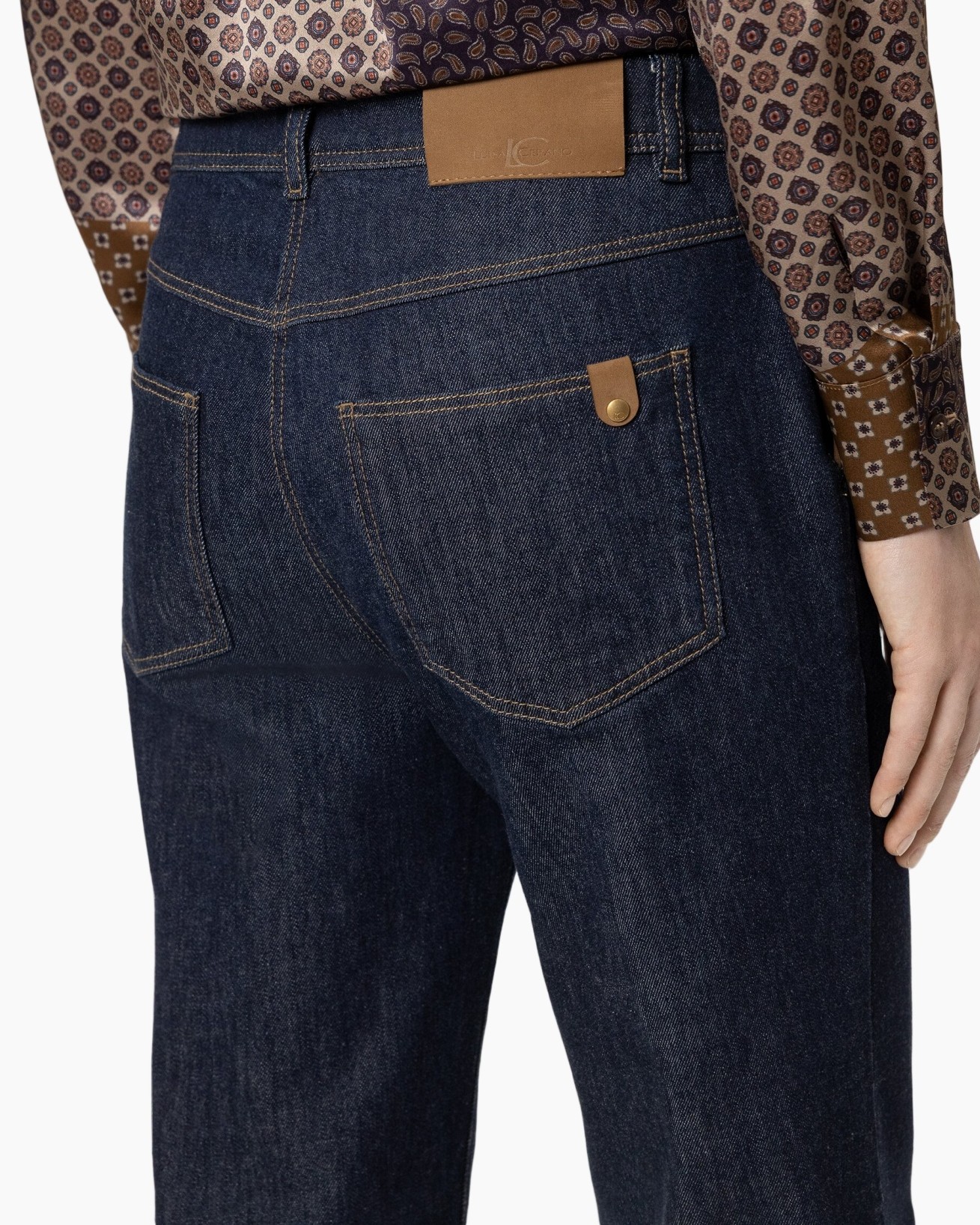denim, jeans, back pocket, gold rivet, brown leather patch