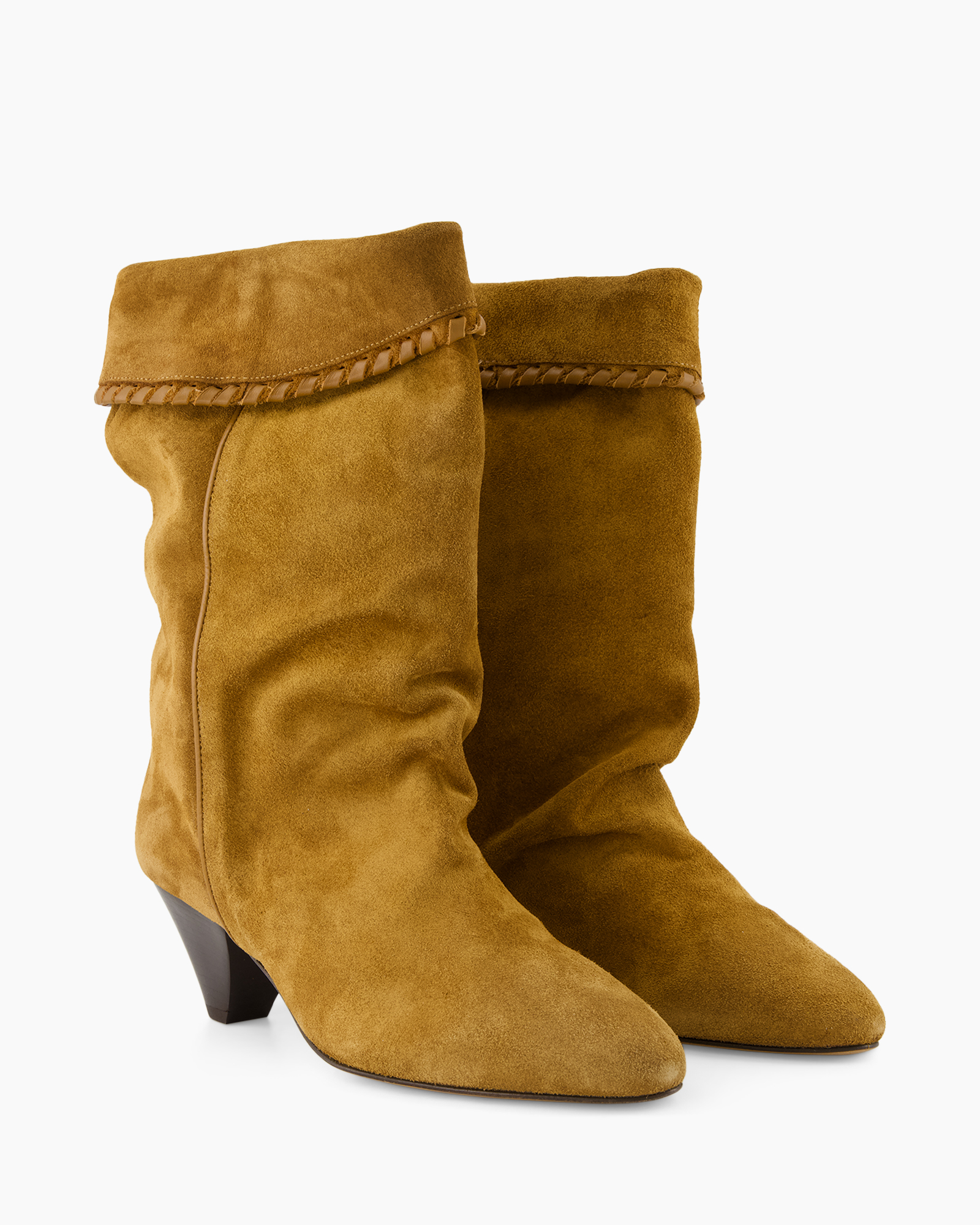 ankle boot, suede, crescent heel, brown, foldover cuff