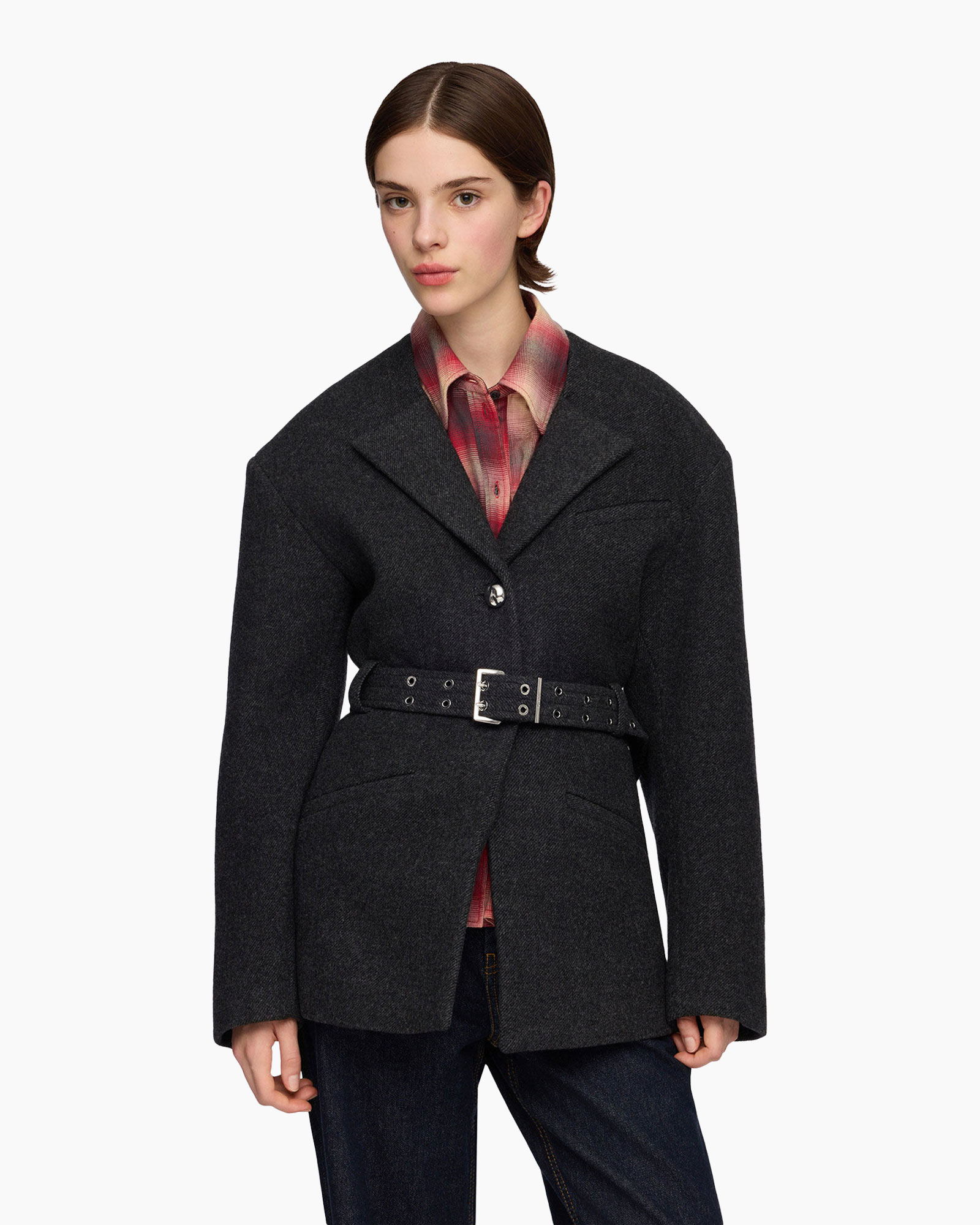 coat, belt, plaid shirt, dark gray, outerwear