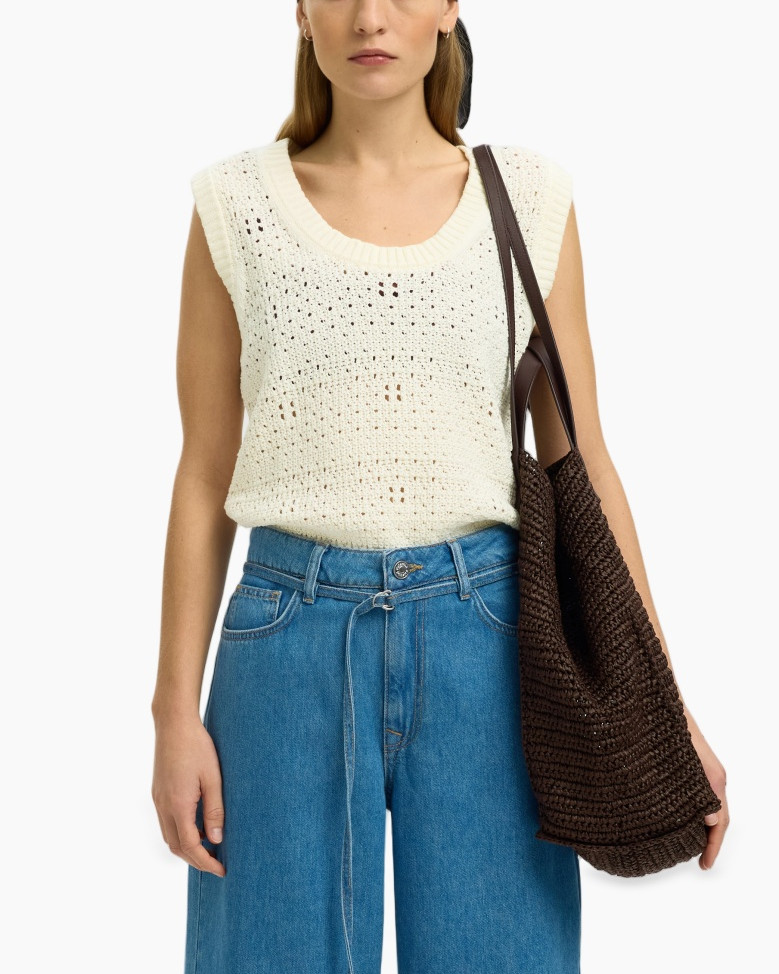 knittop, sleeveless, cream, crocheted, bag-temale