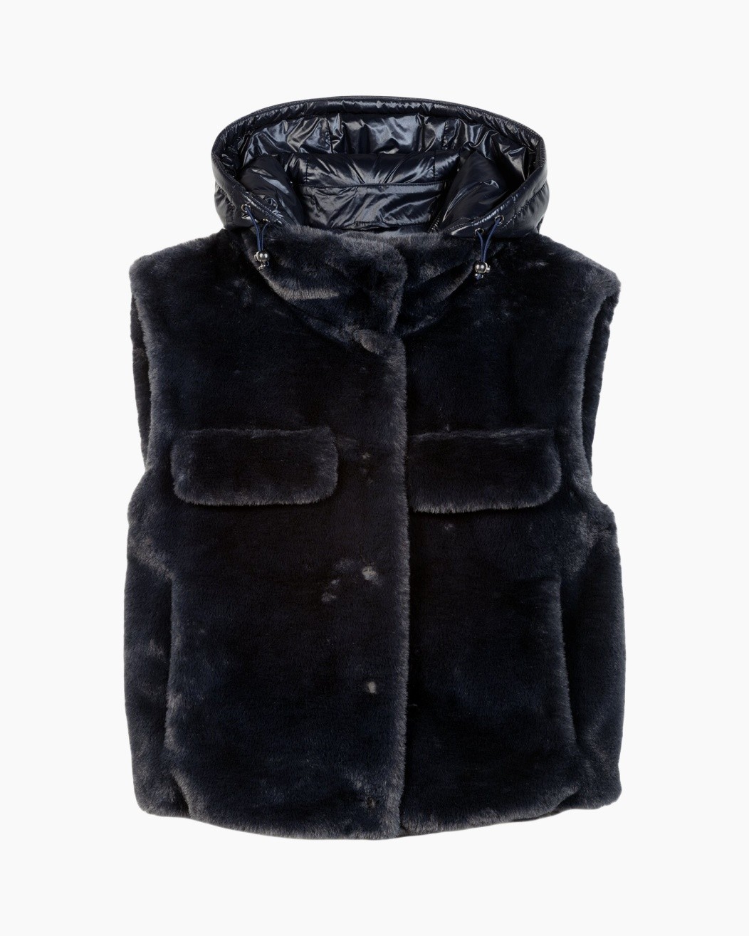 fur vest, puffer hood, black, synthetic fur, two-pocket vest