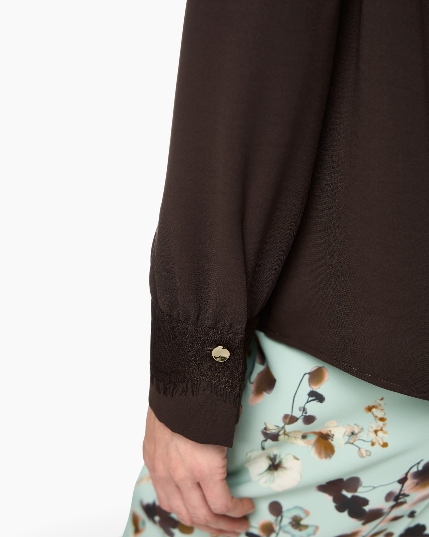 brown, long sleeve, fringe, button, cuff