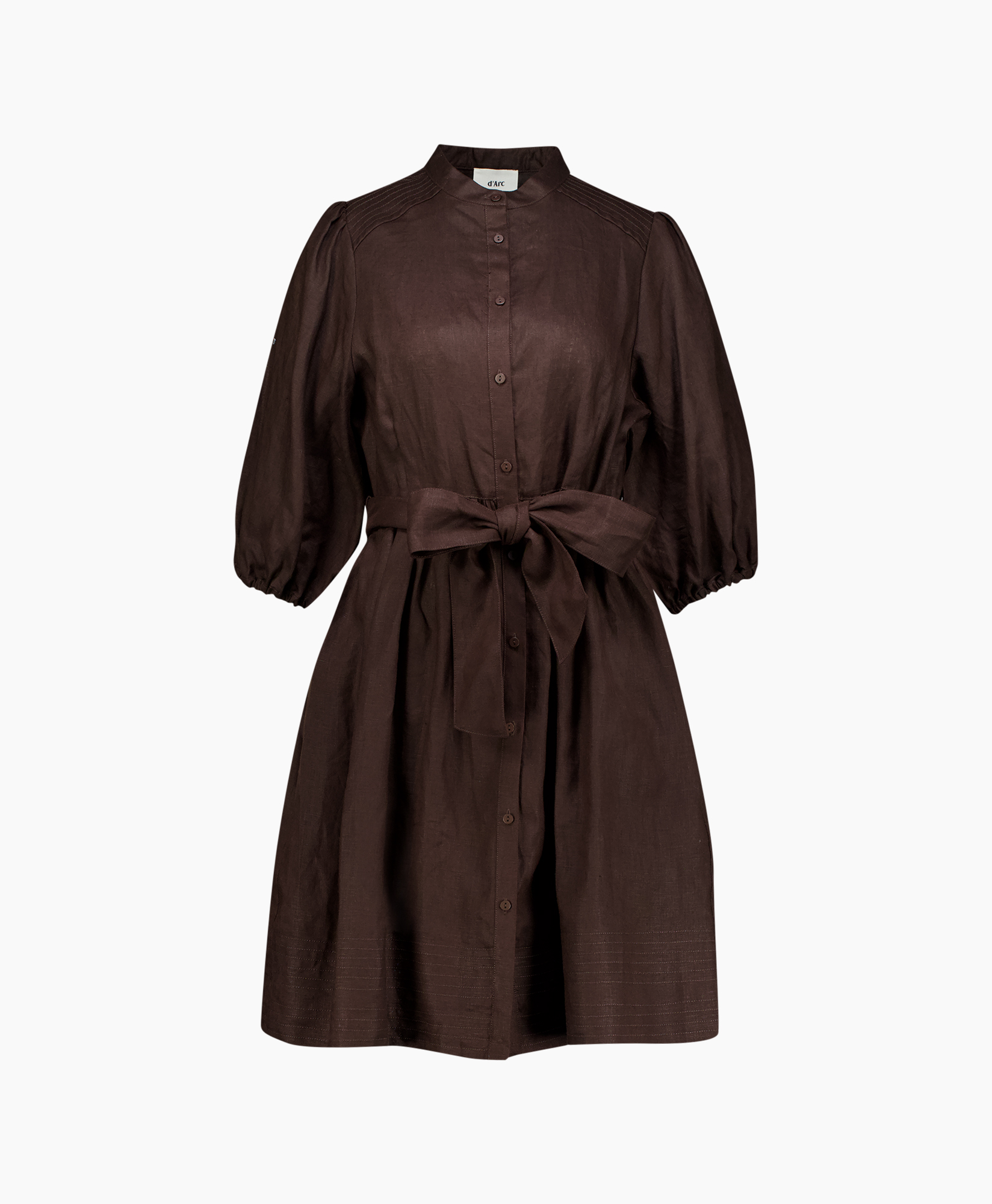 dress, brown, belted, button-down, puff-sleeve