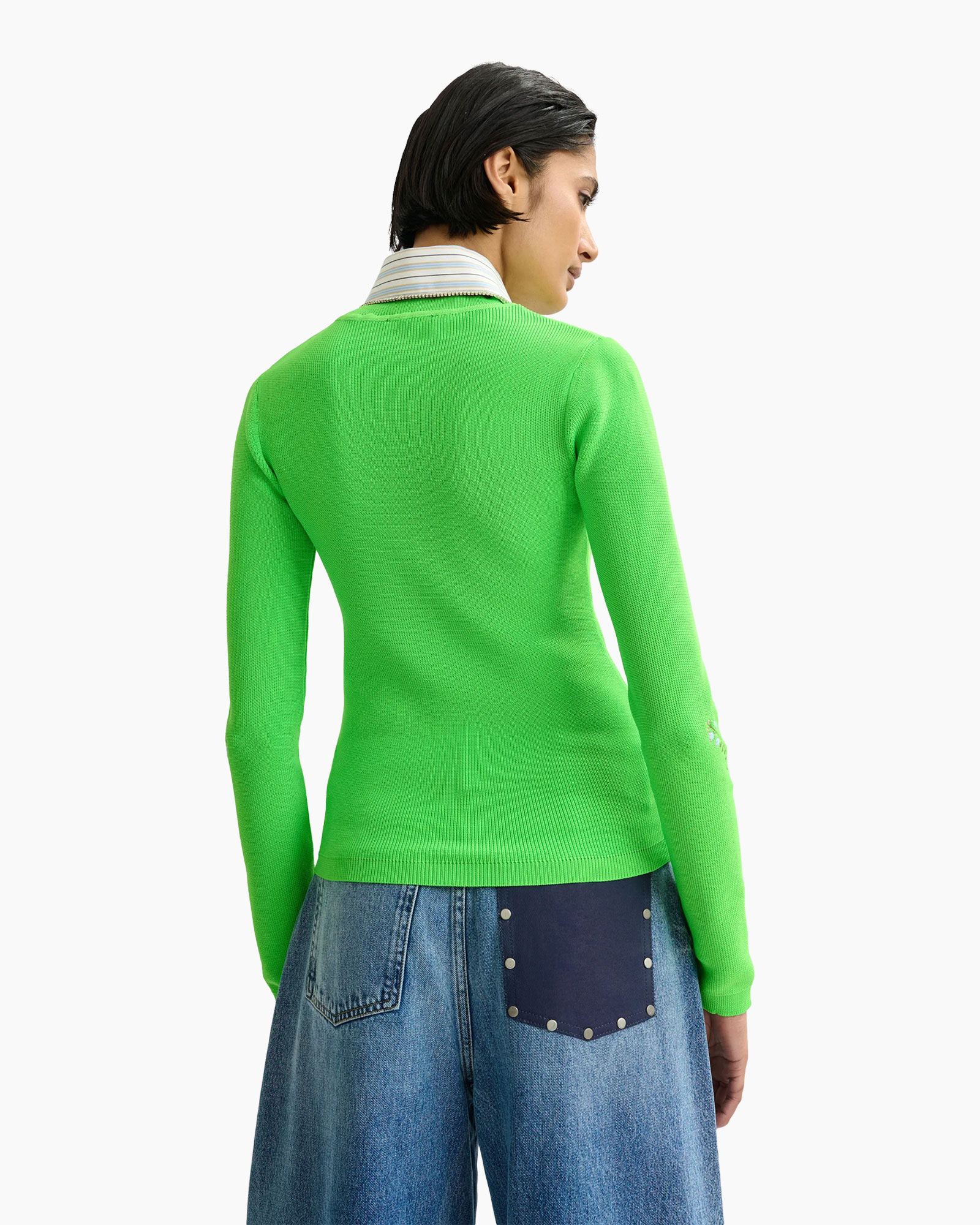 green sweater, knit top, long sleeve, solid color, collar detail
