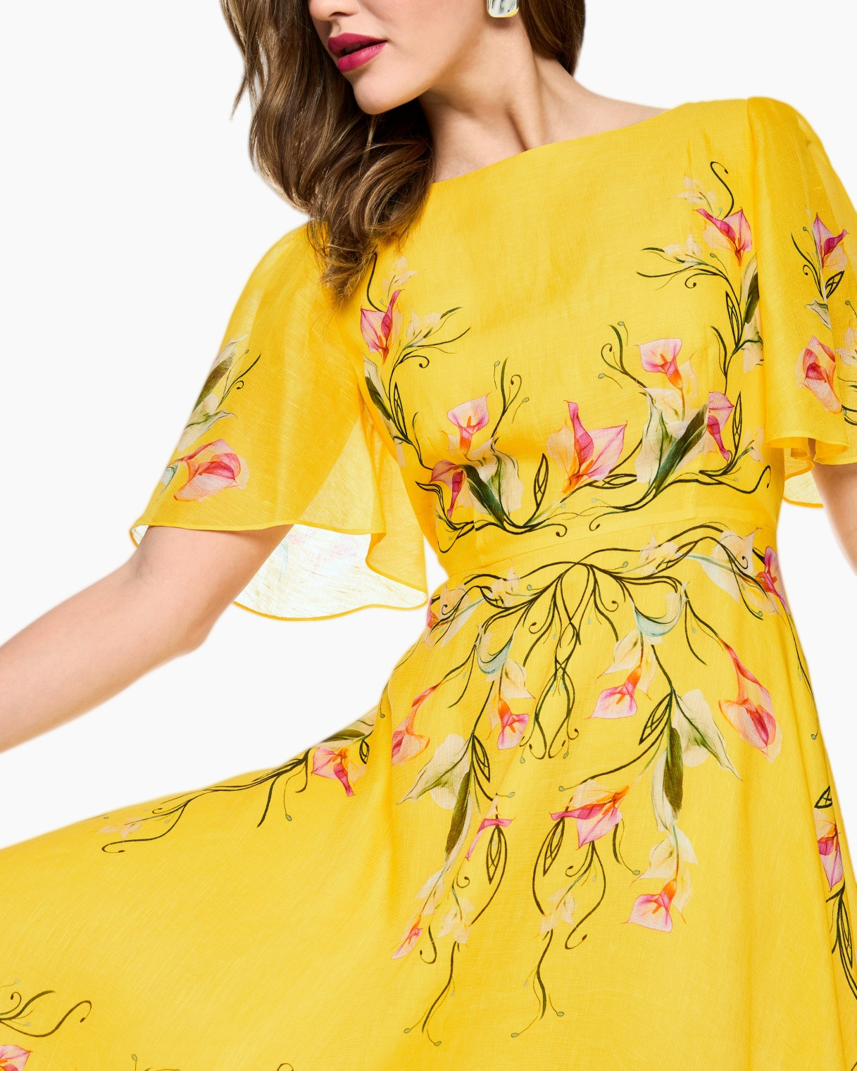 yellow dress, floral print, short sleeves, flowy, linen? fabric