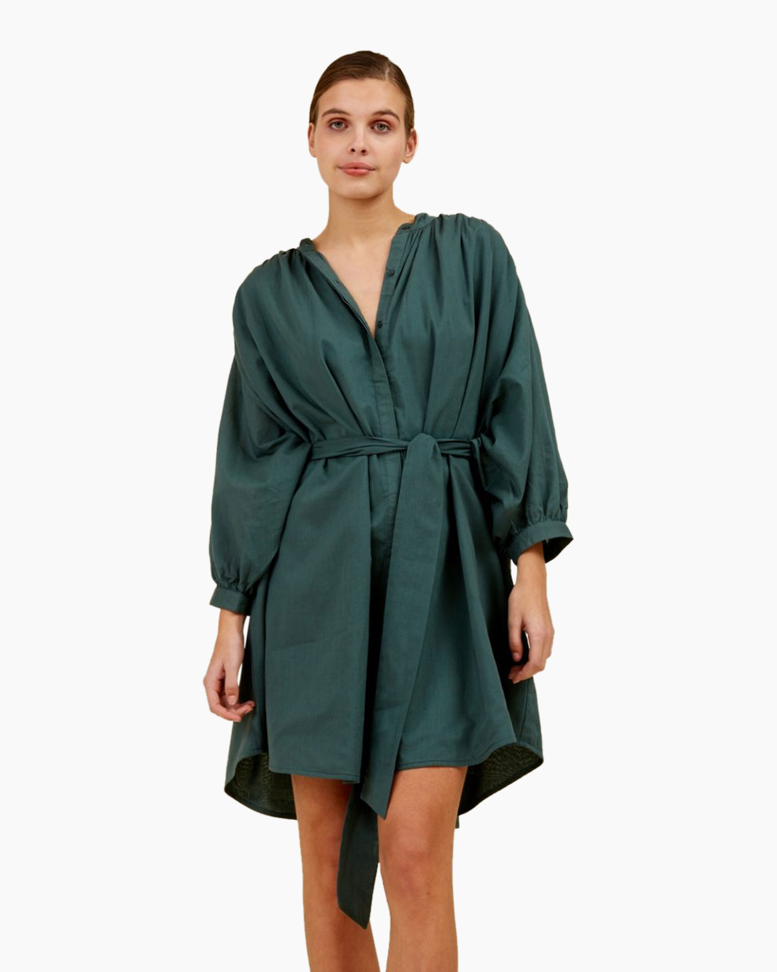 dress, shirt-dress, green, waist-tie, long-sleeve