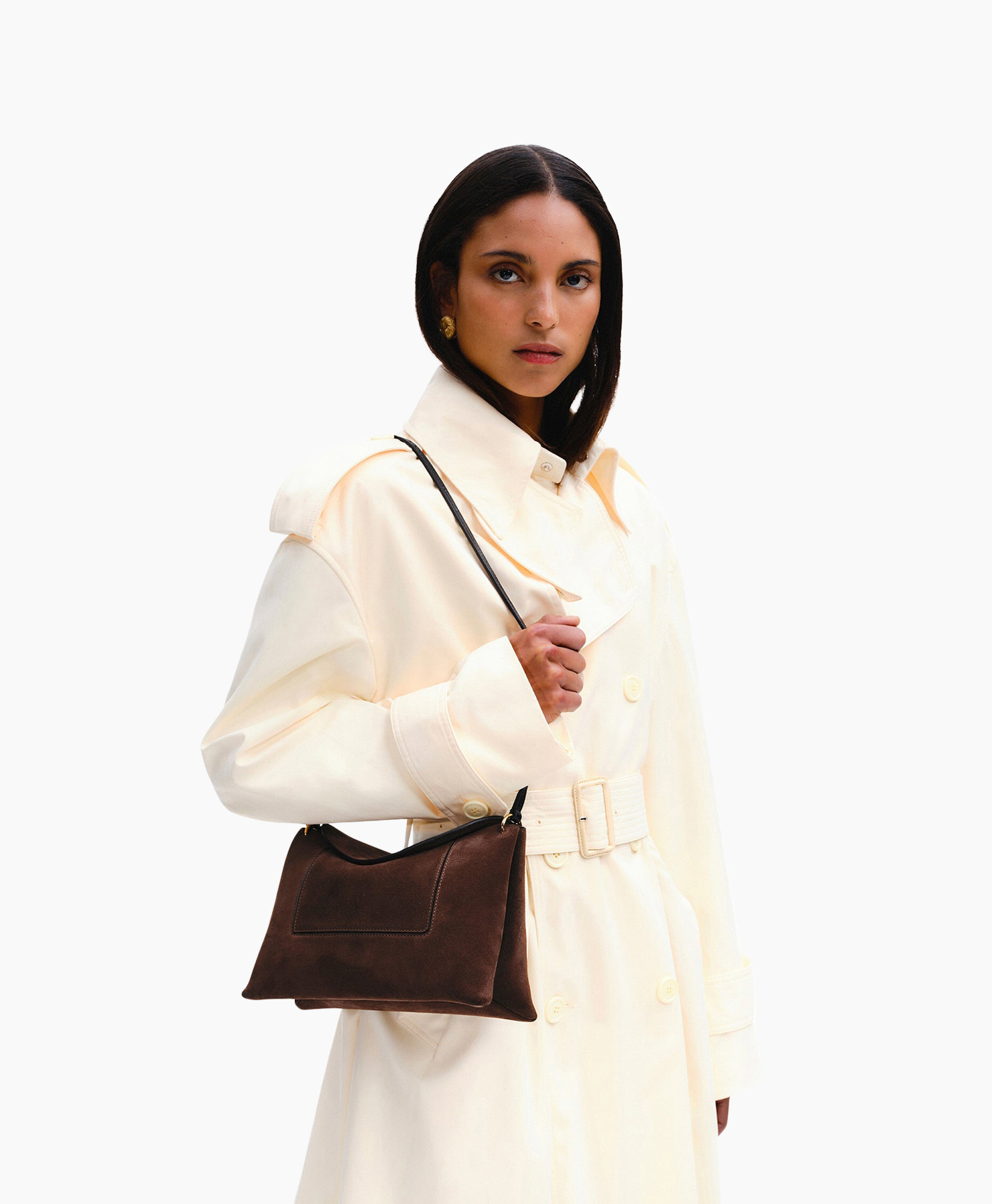 coat, trench, cream, belt, bag