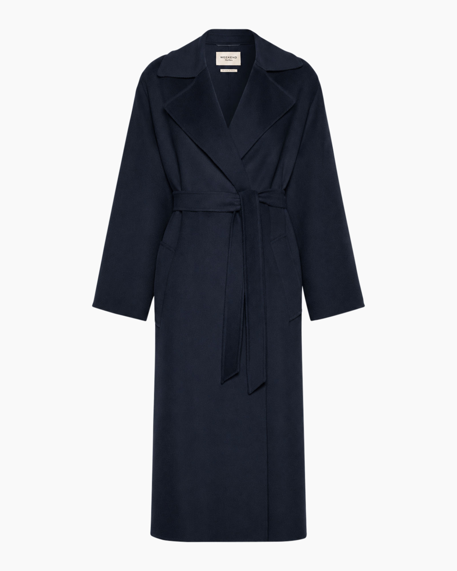 coat, wrap, navy, long, belted