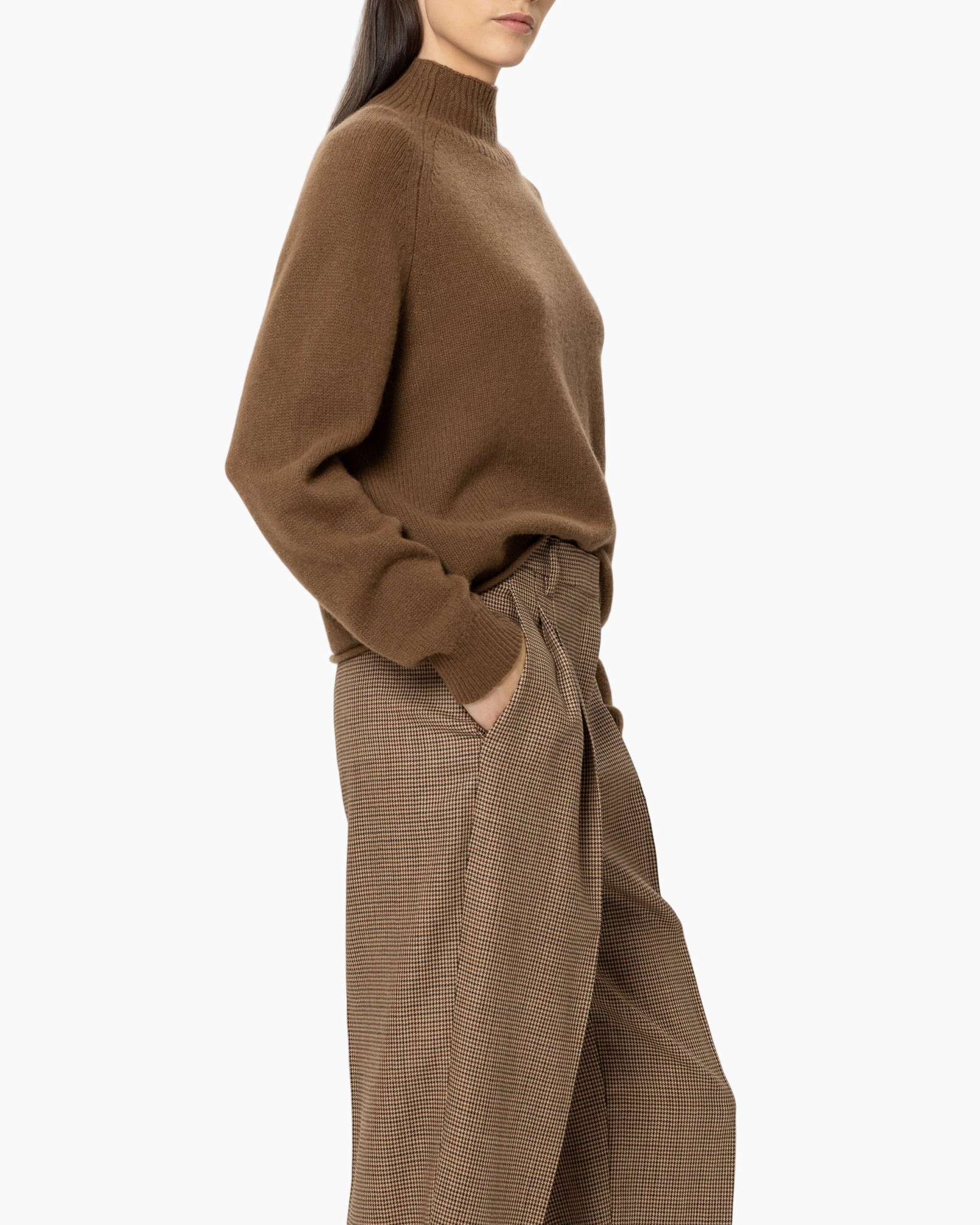 turtleneck, knit, brown, sweater, trousers