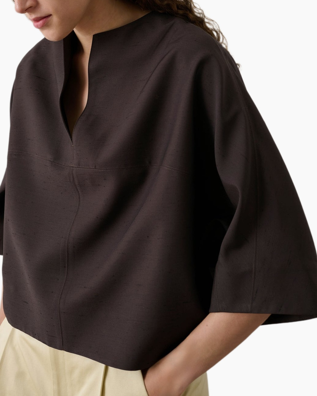 top, blouse, dark brown, linen-like, half-sleeve