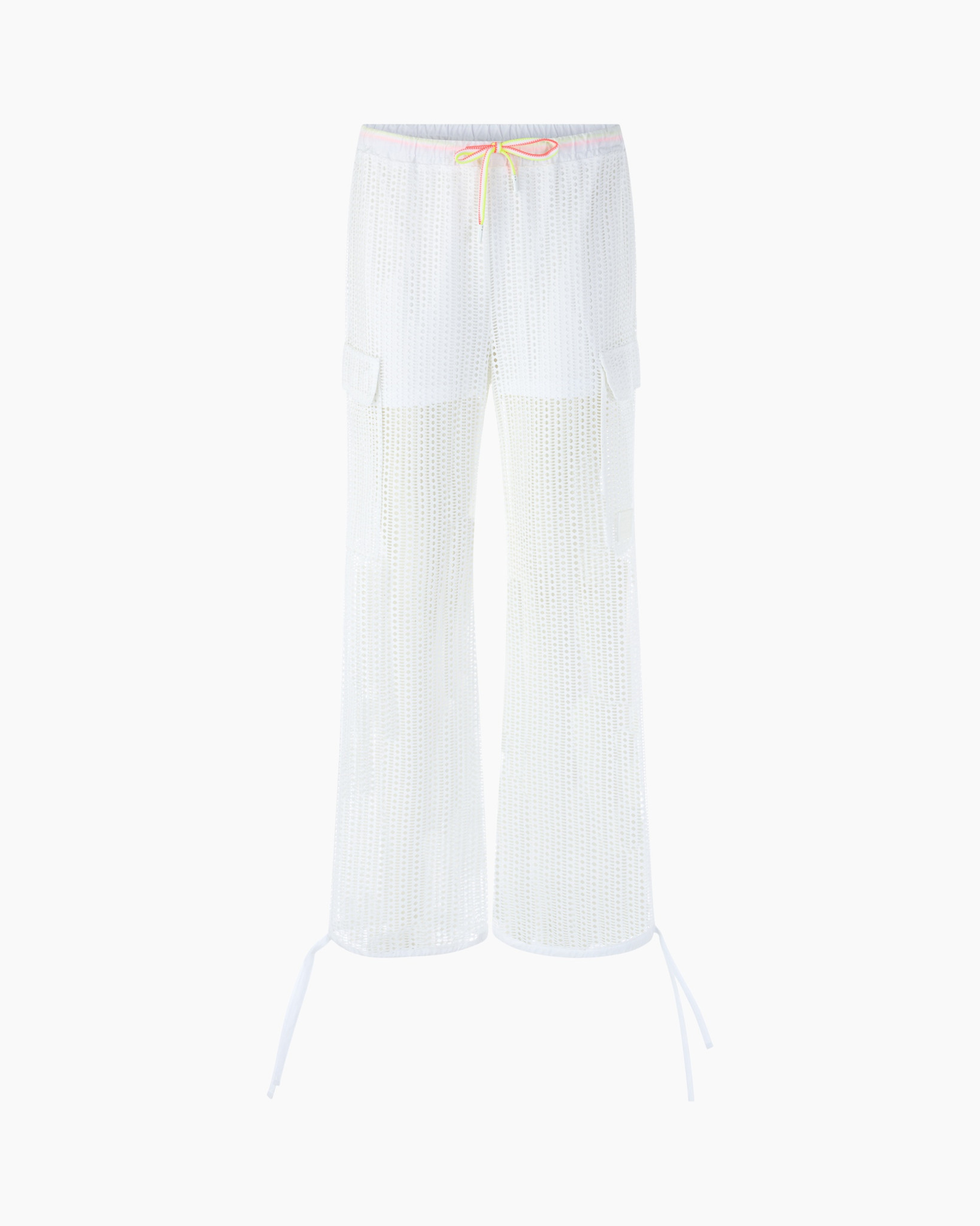 white pants, mesh fabric, cargo pockets, drawstring waist, adjustable ties