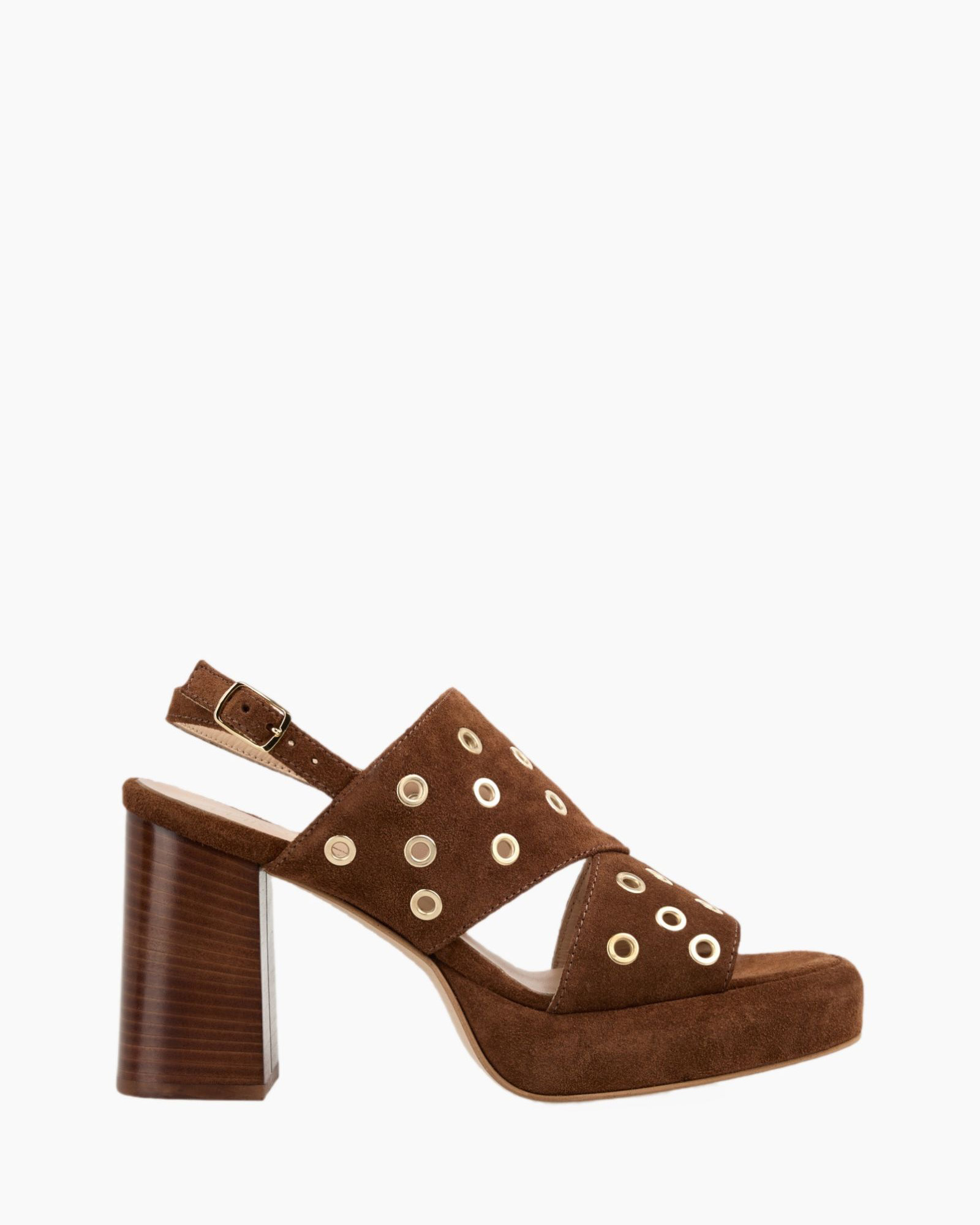 heel, sandals, brown, suede, eyelets, women's sandal, block heel, brown suede, grommet detail, open toe