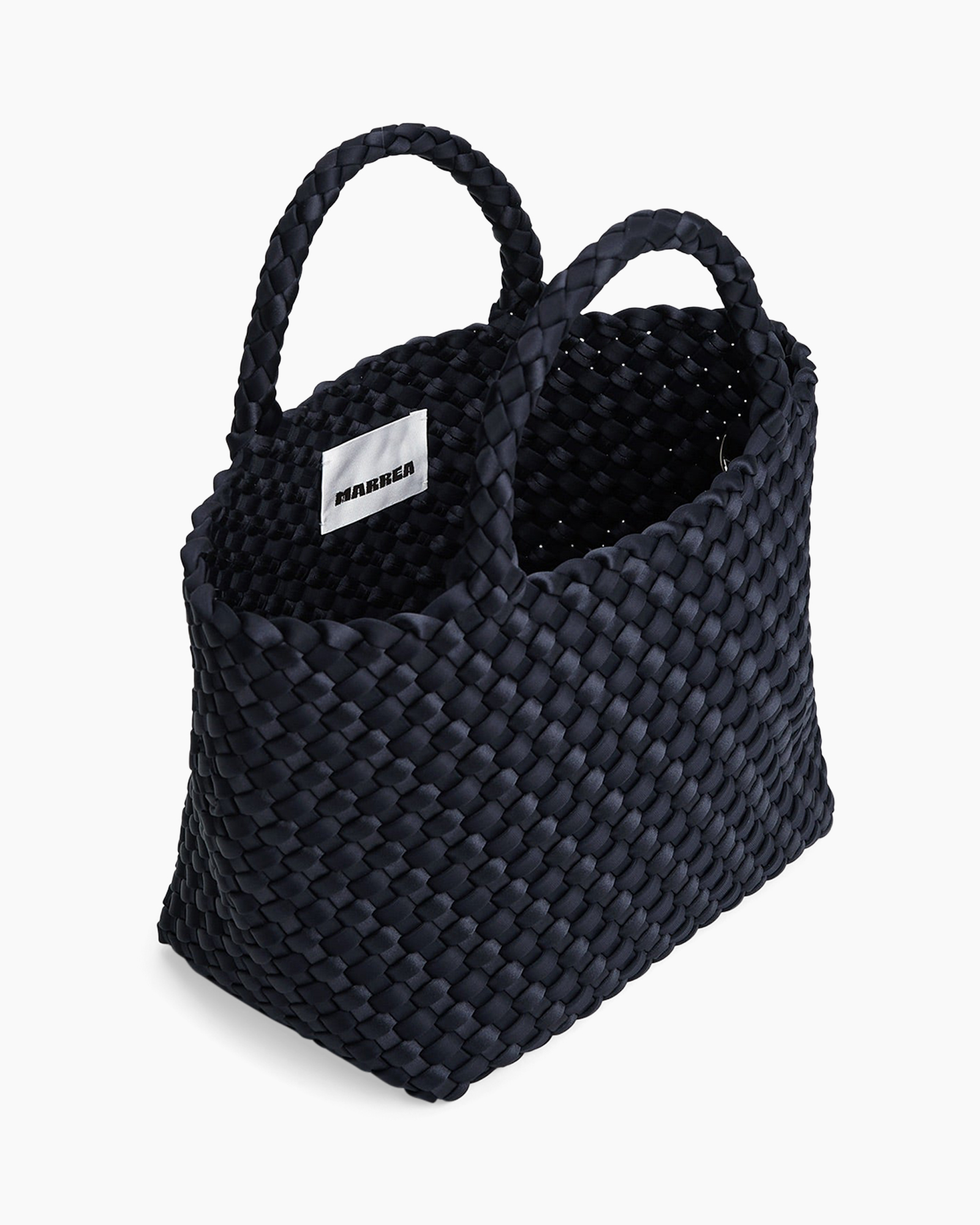 handbag, woven, navy, shoulder strap, top-handle