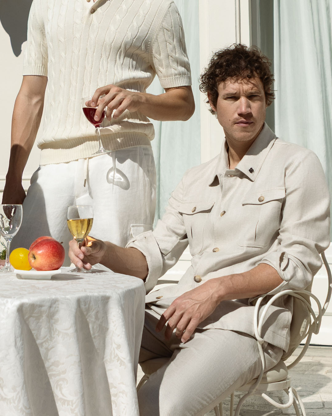 linen, beige, jacket, front-zip, tableware