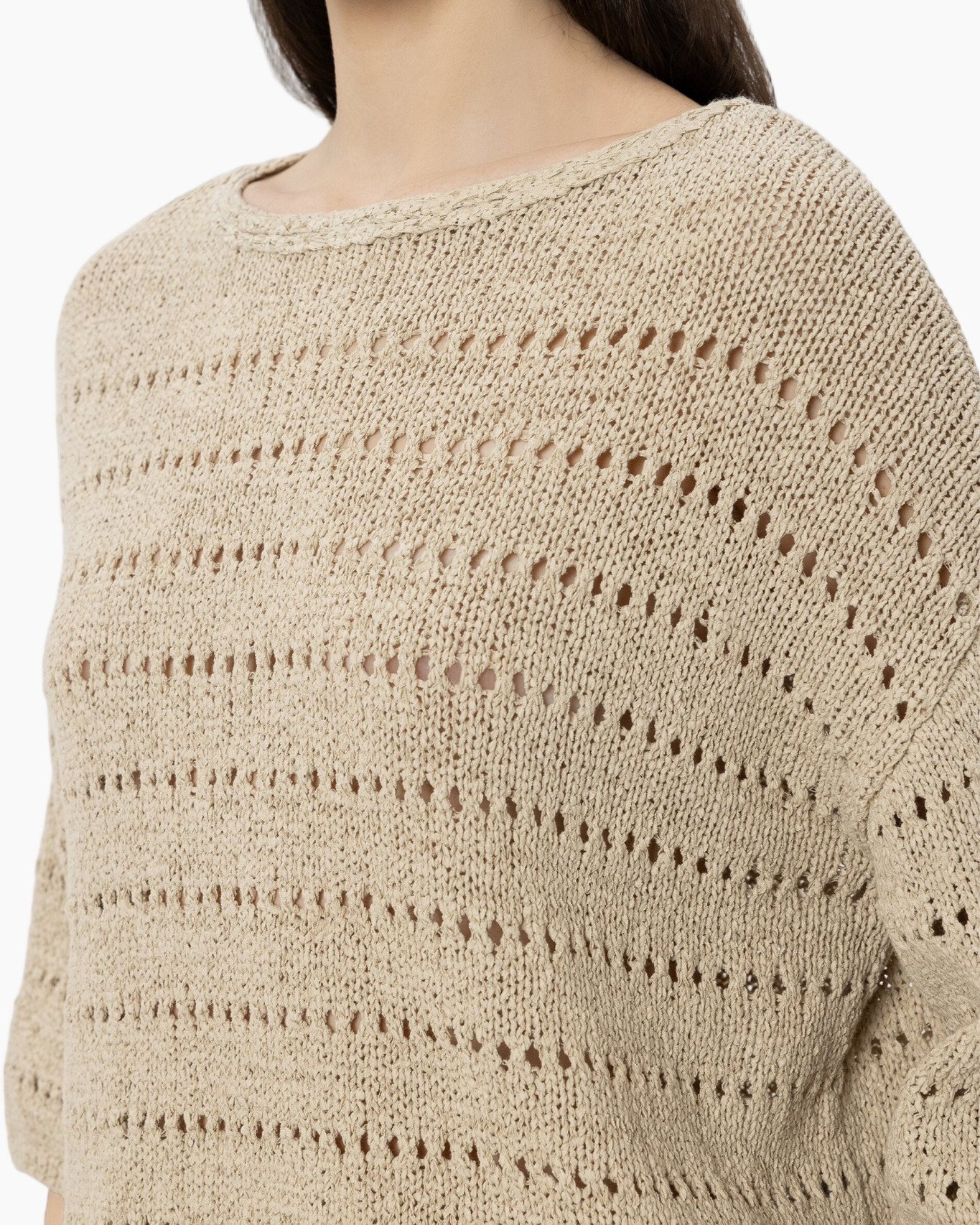knit sweater, beige, hole pattern, crew neck, pullover
