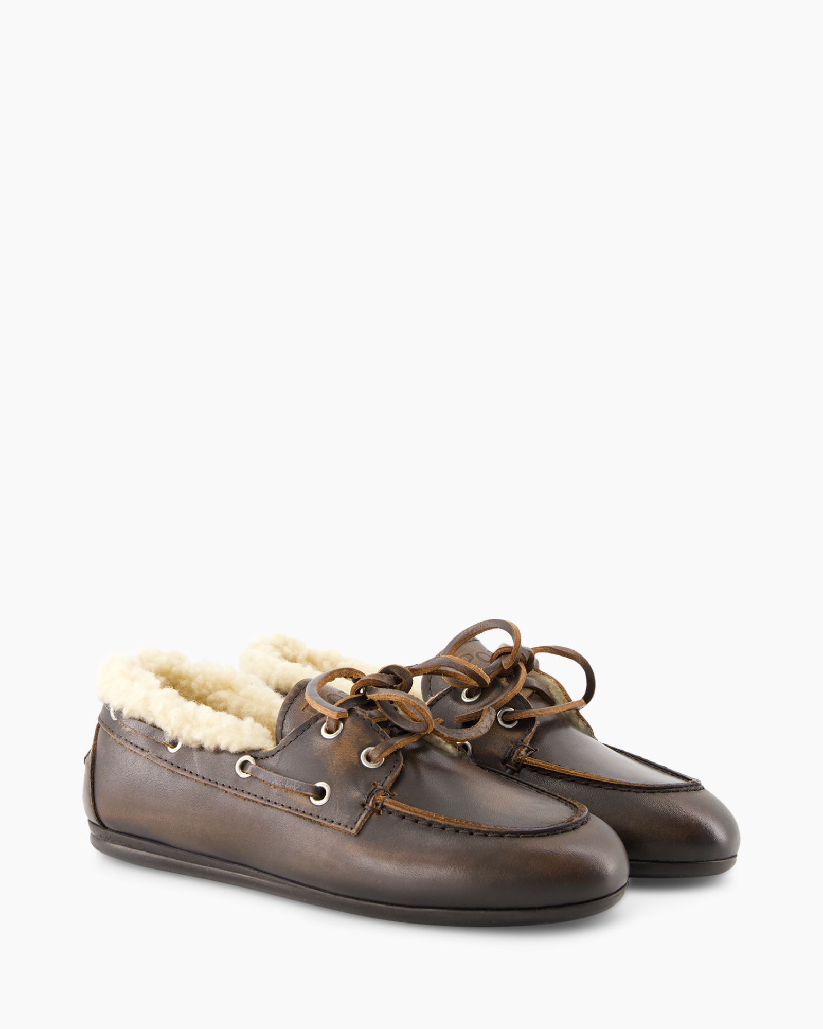 boat shoe, leather, brown, shearling, lacing