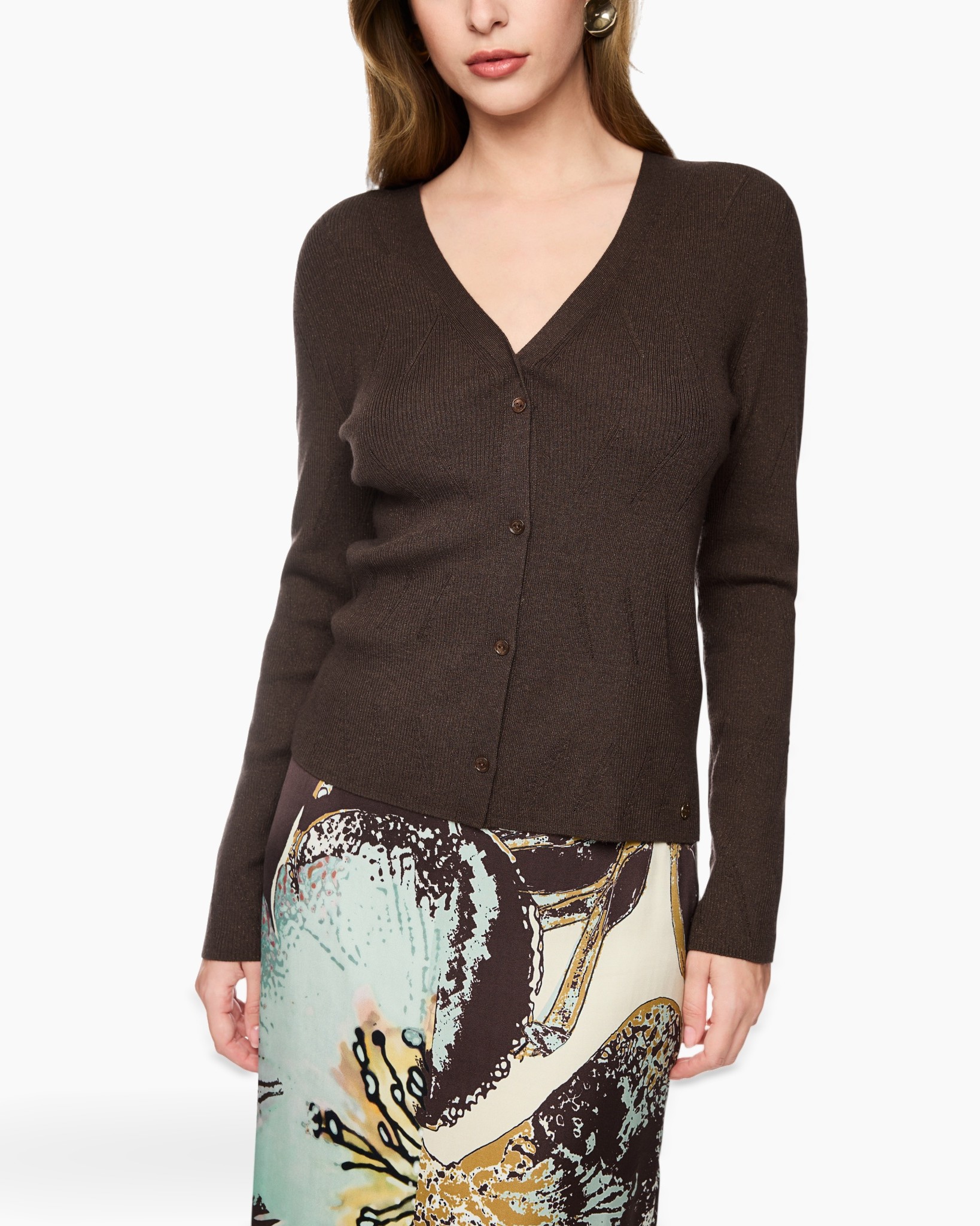 cardigan, brown, v-neck, long-sleeve, knitwear