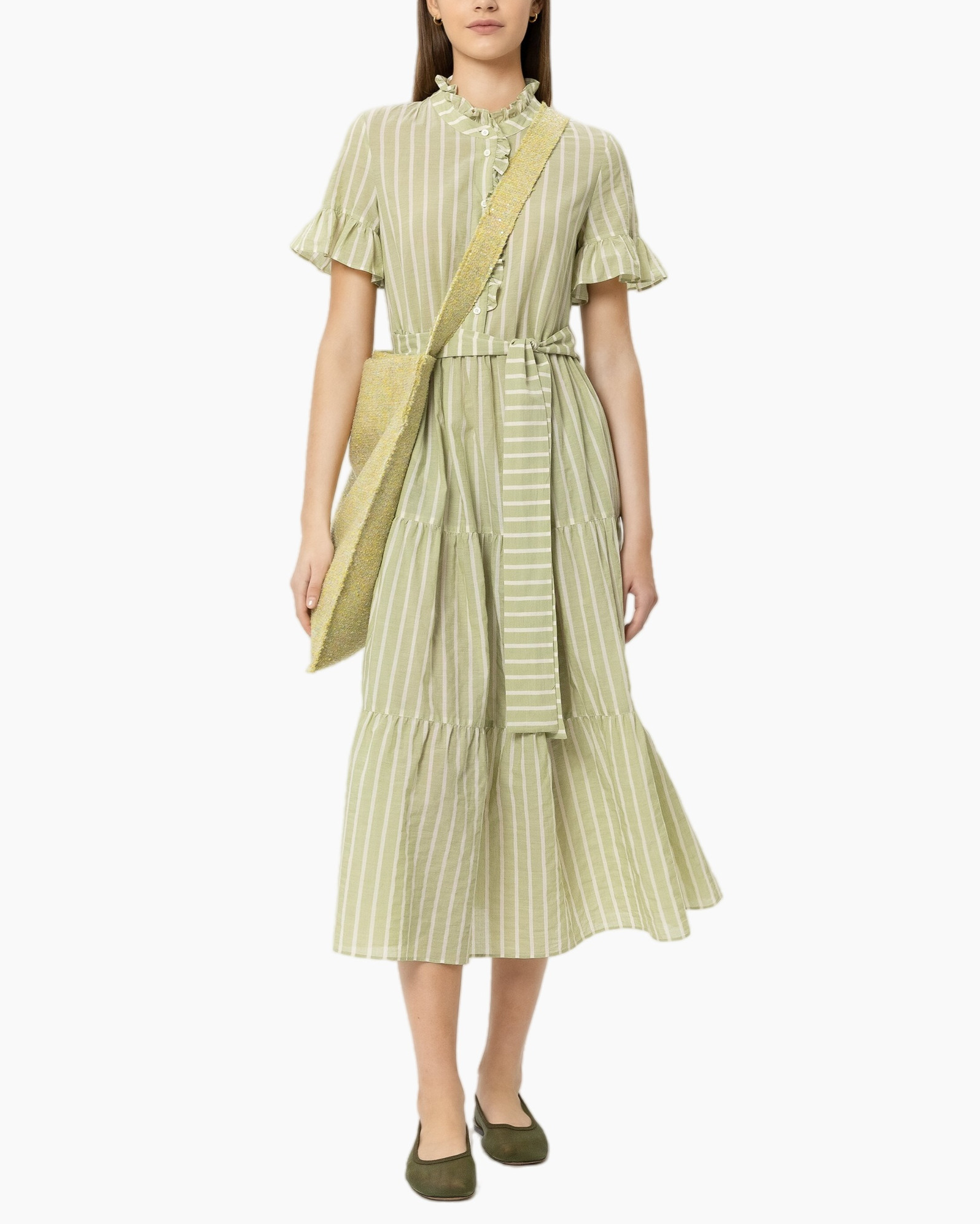 dress, linen, green, striped, mid-length