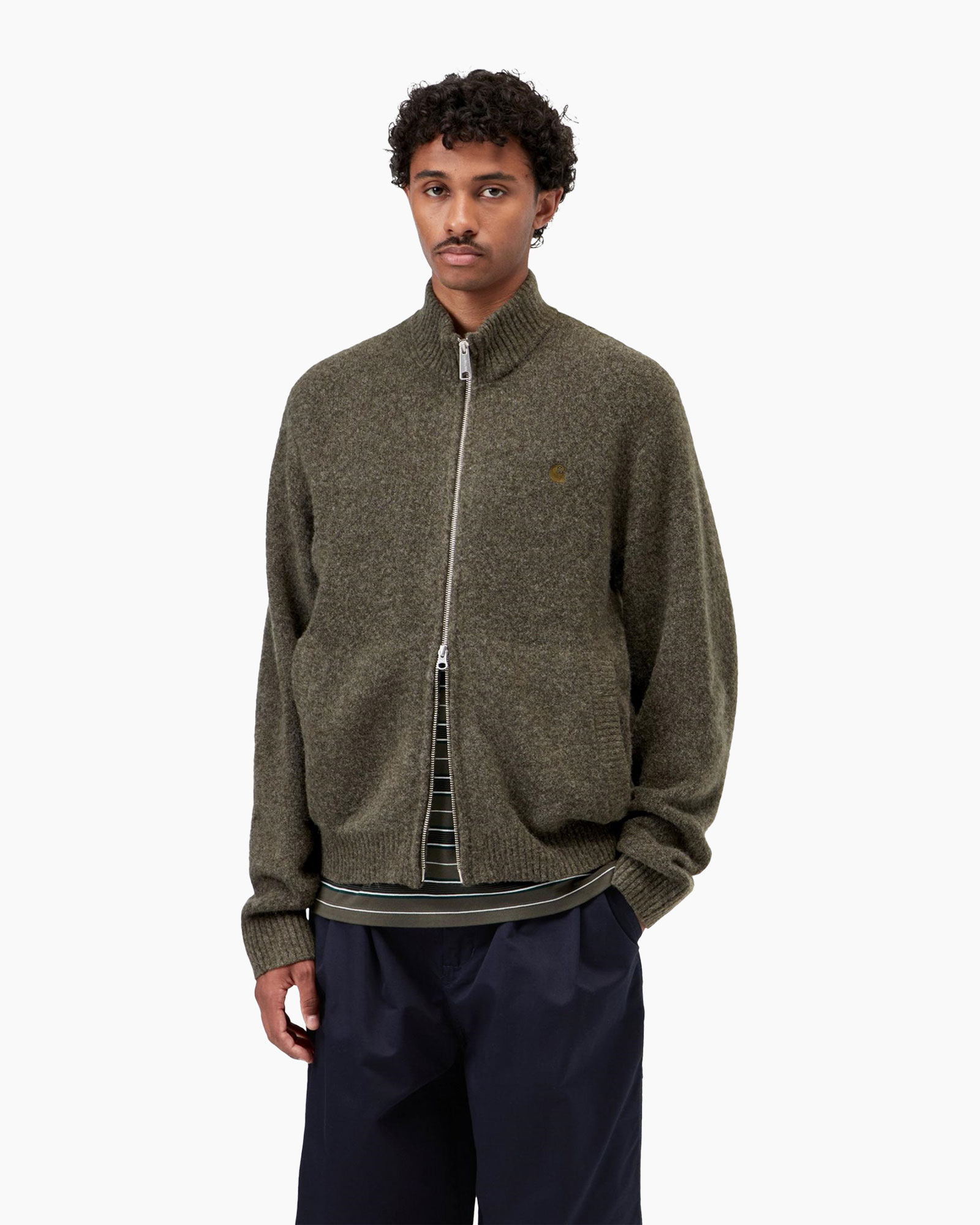 zipper, cardigan, knit, olive, jacket