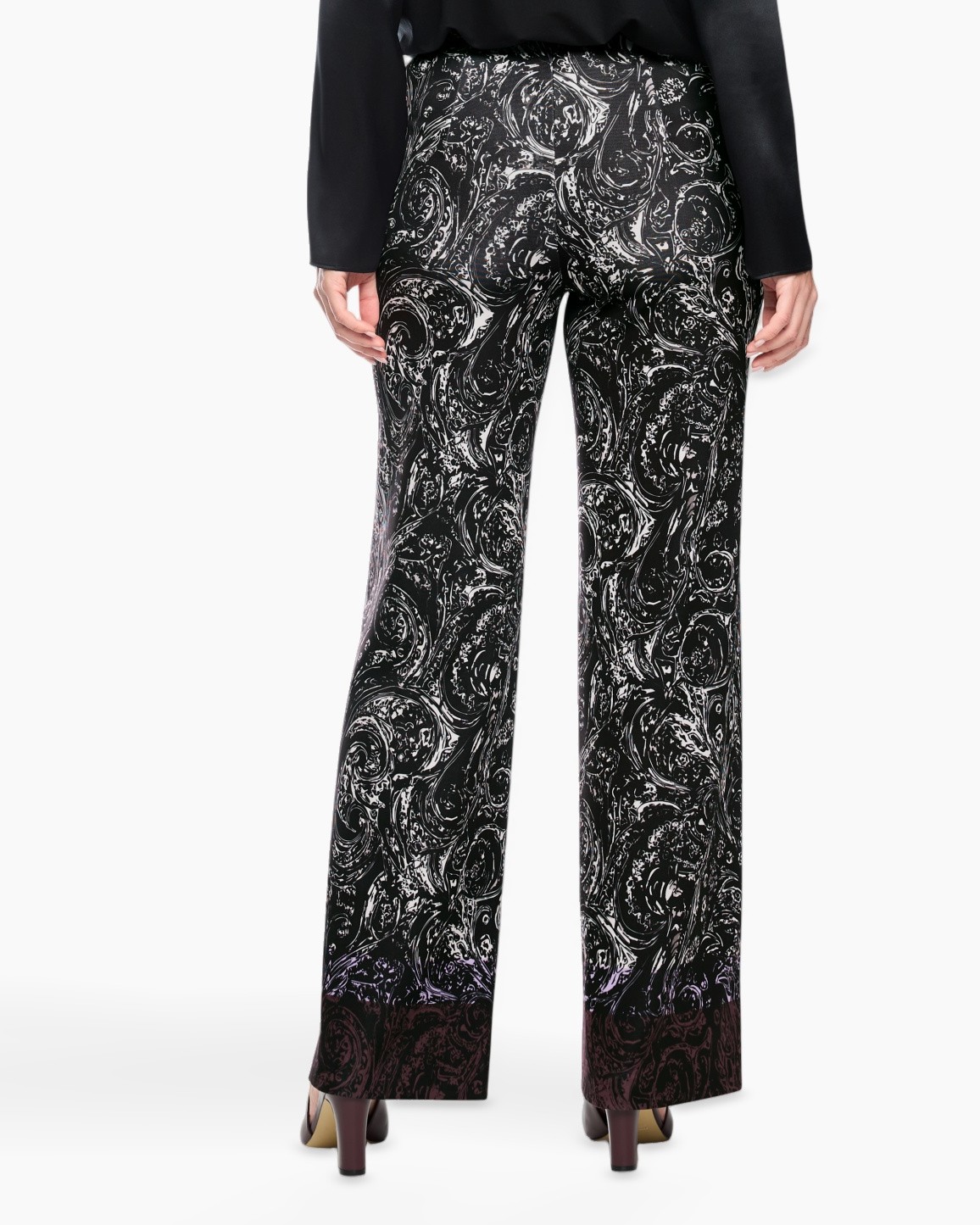 wide-leg pants, palazzo pants, paisley pattern, black white, ankle length