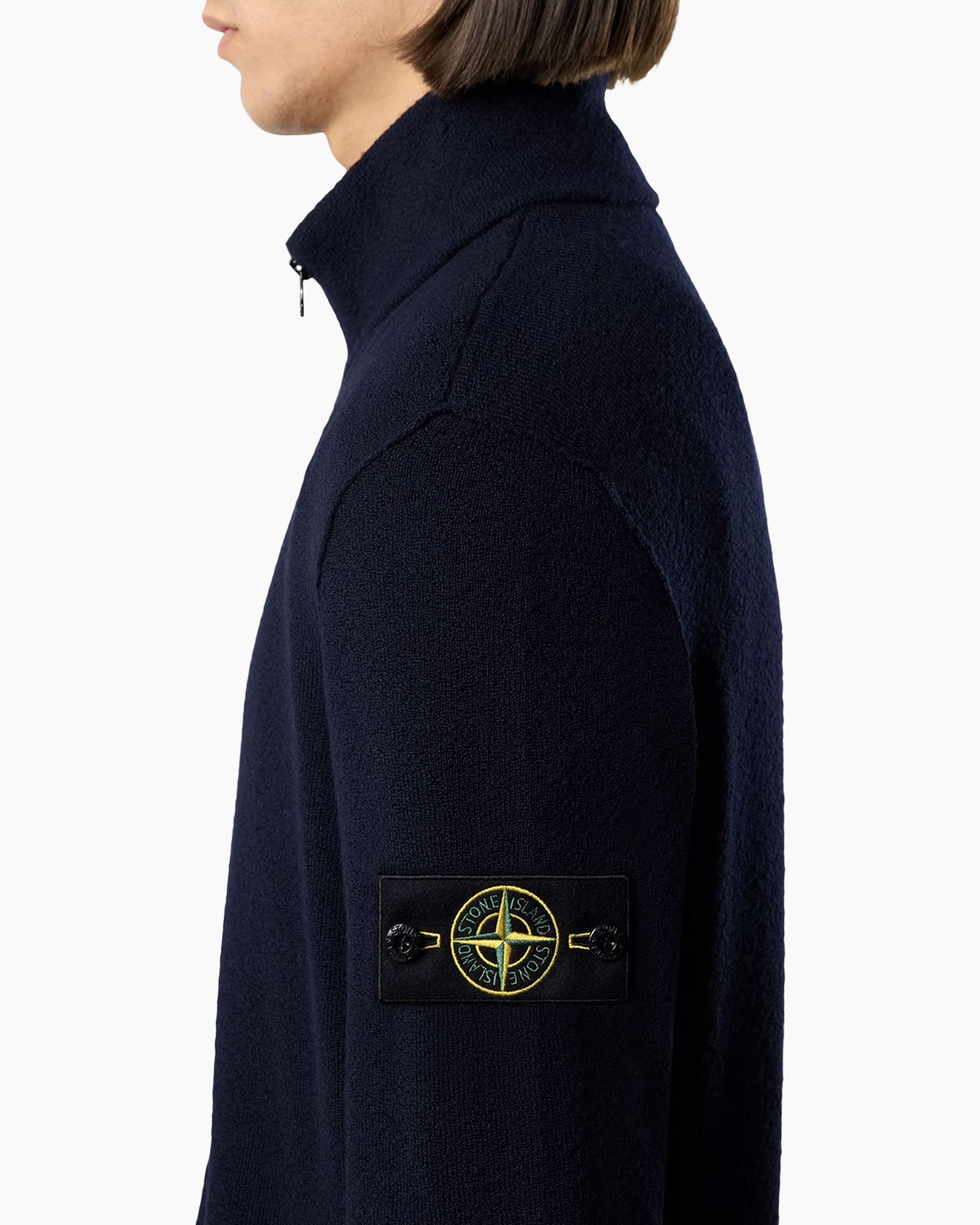 navy fleece, stand collar, patch badge, long sleeve, casual outerwear
