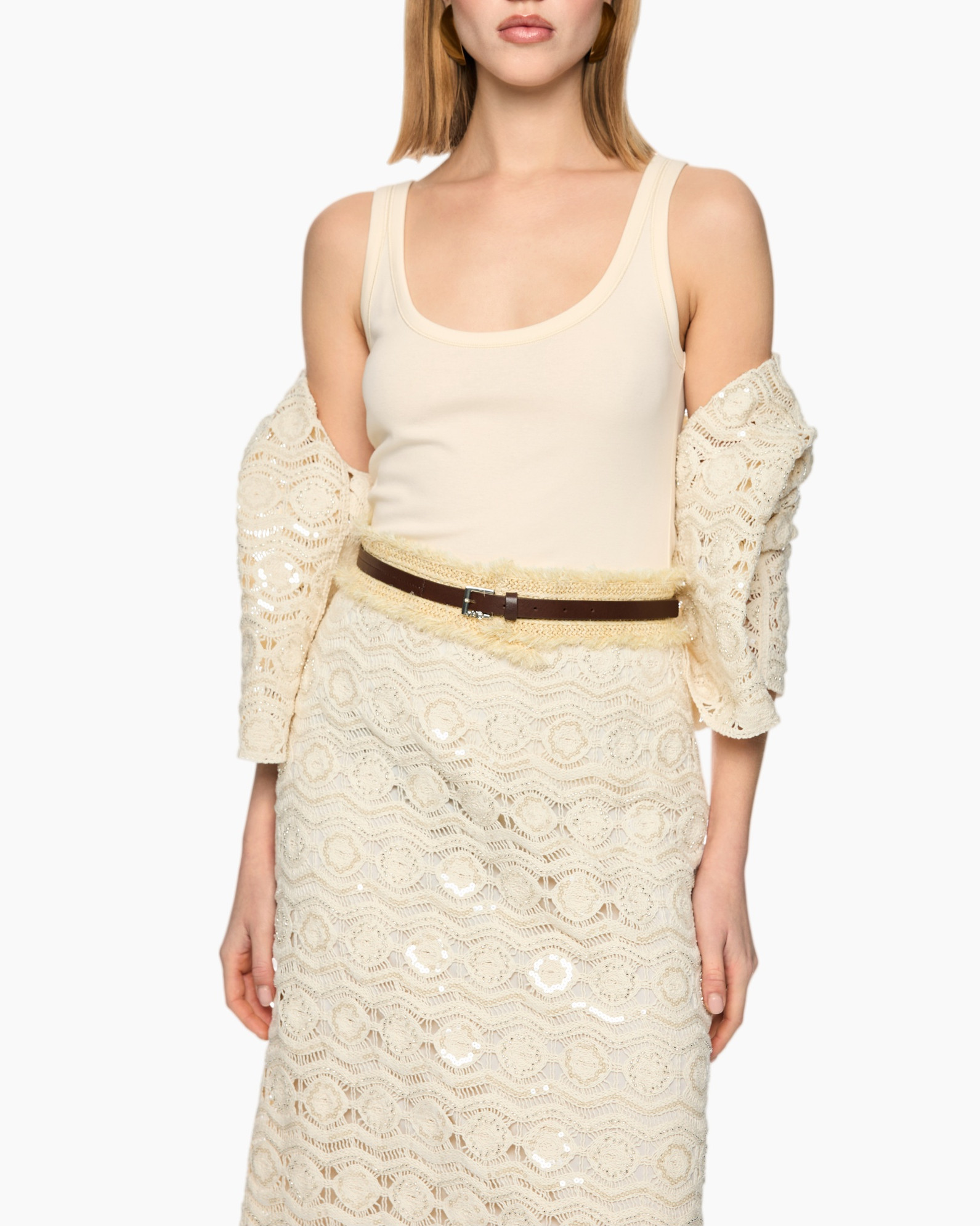 top, tank top, lace skirt, belt, beige