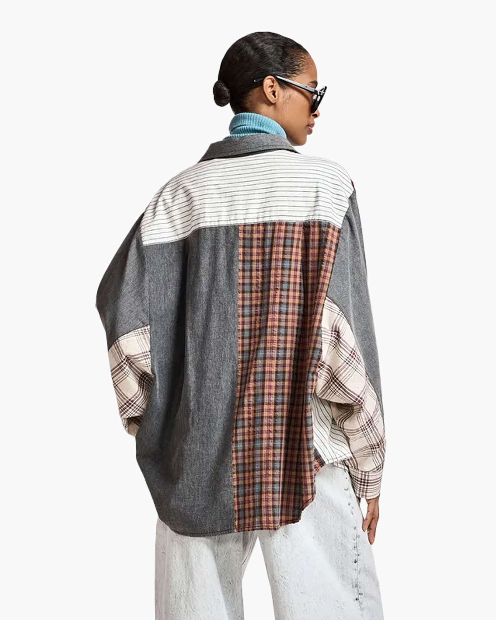 patched jacket, patchwork, plaid panel, oversized, long-sleeve