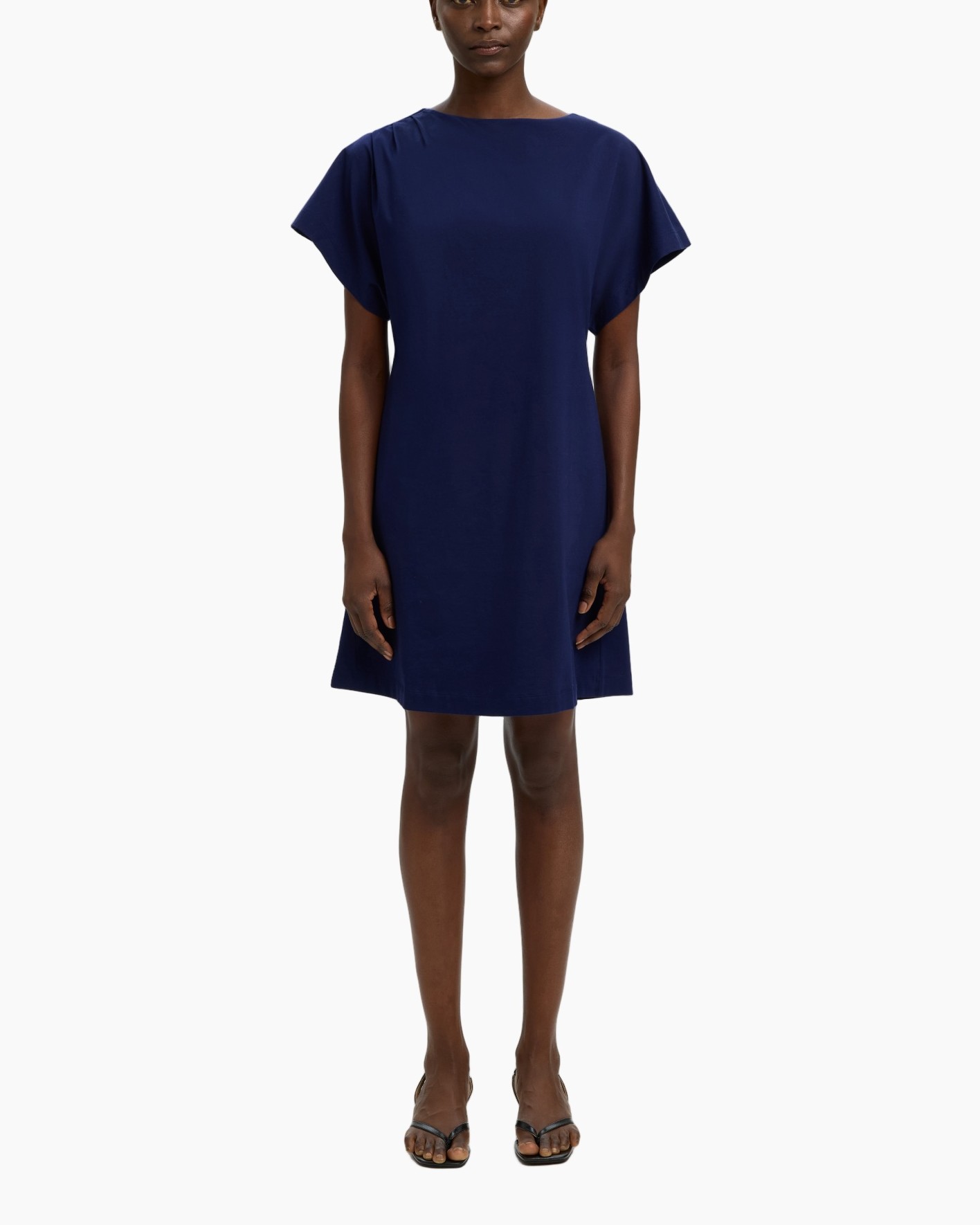 dress, short sleeve, loose fit, knee-length, solid color blue