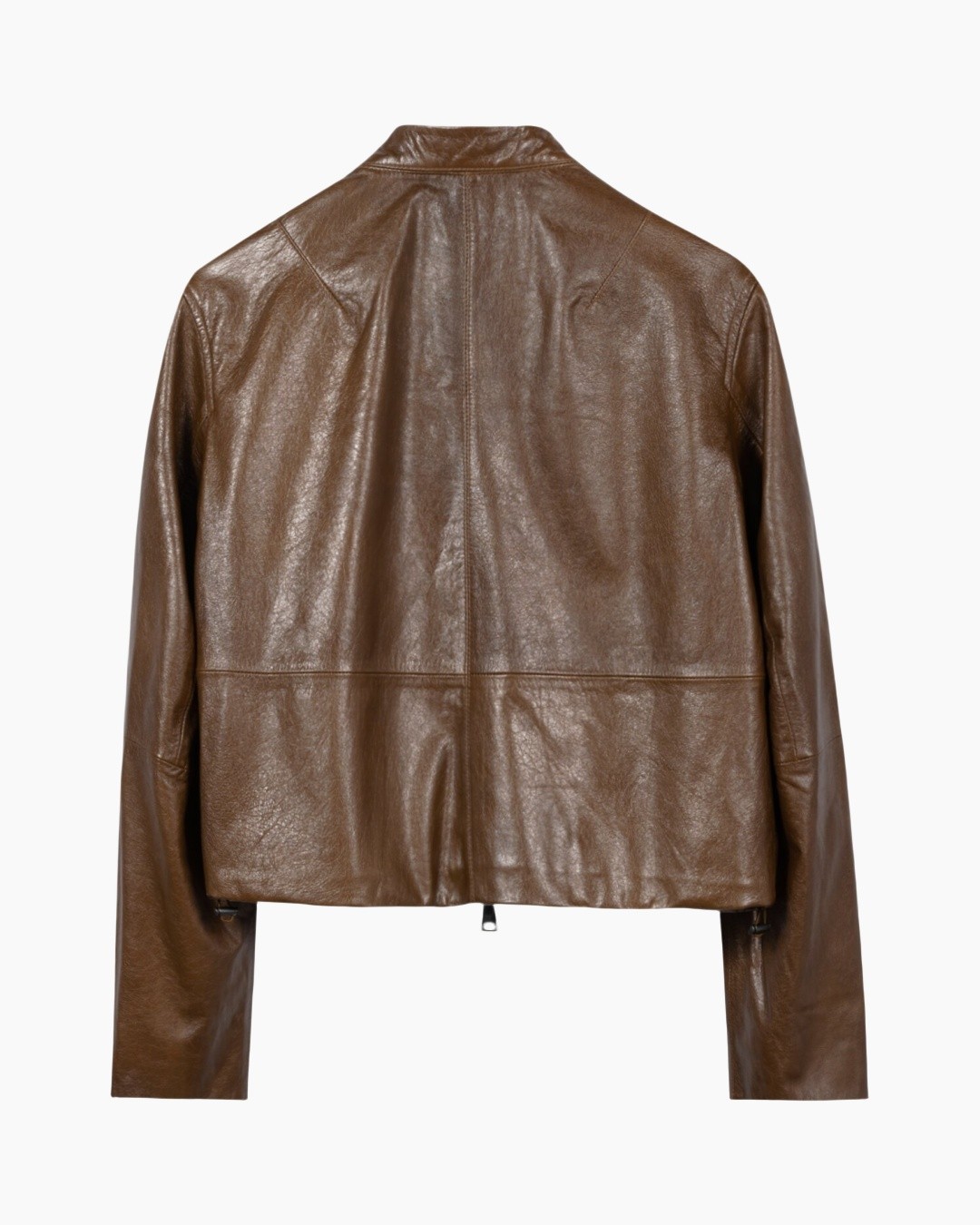leather jacket, brown, back view, zippers, outerwear