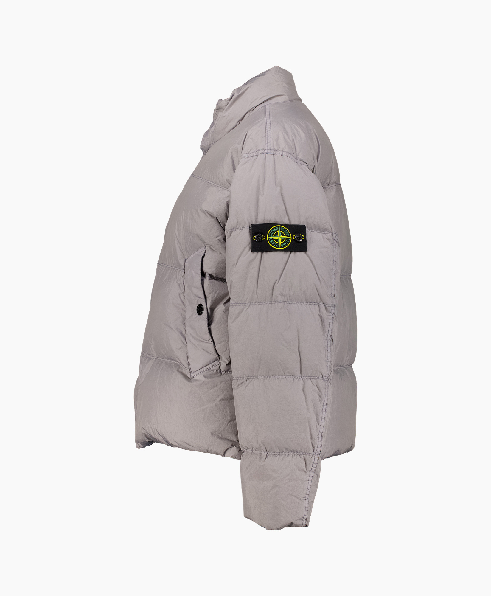 down jacket, puffer, gray, patch pocket, logo patch