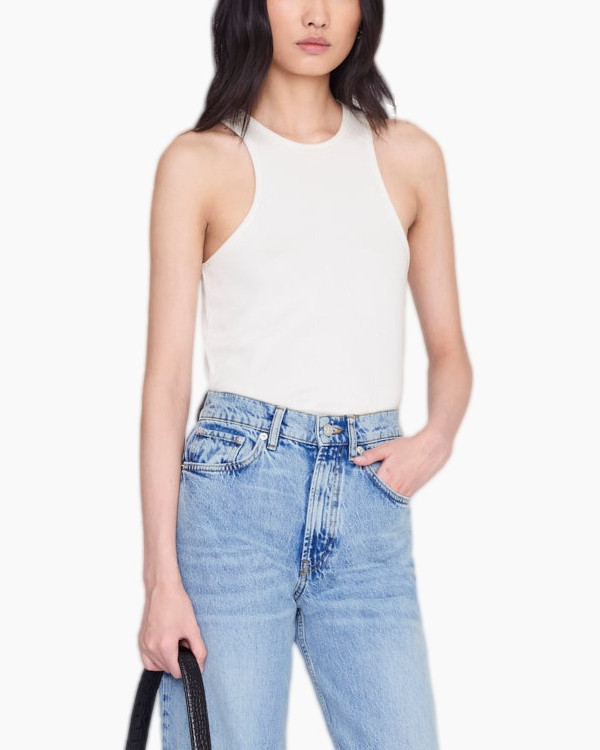 tank top, white top, sleeveless, crew neck, high waist jeans