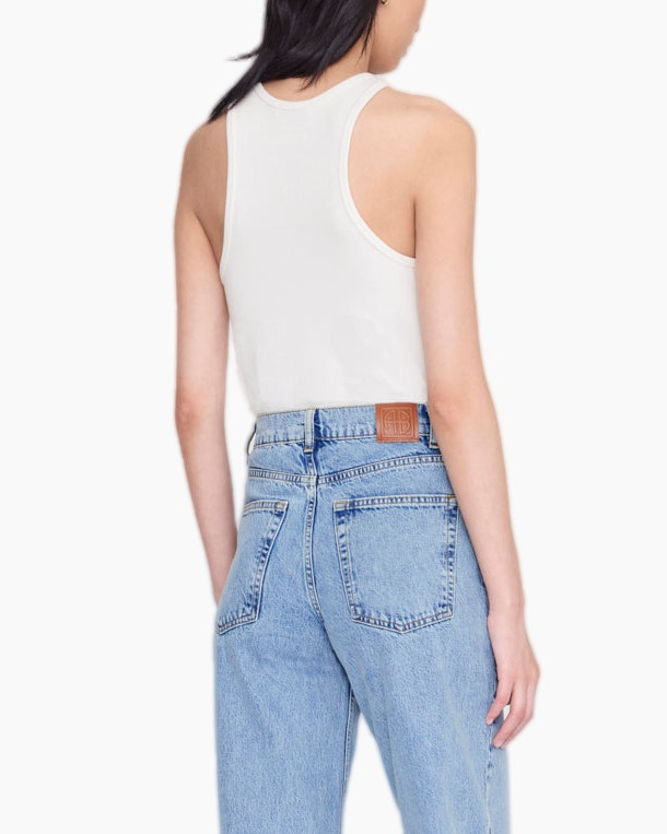 tank top, white top, sleeveless, crew neck, high waist jeans