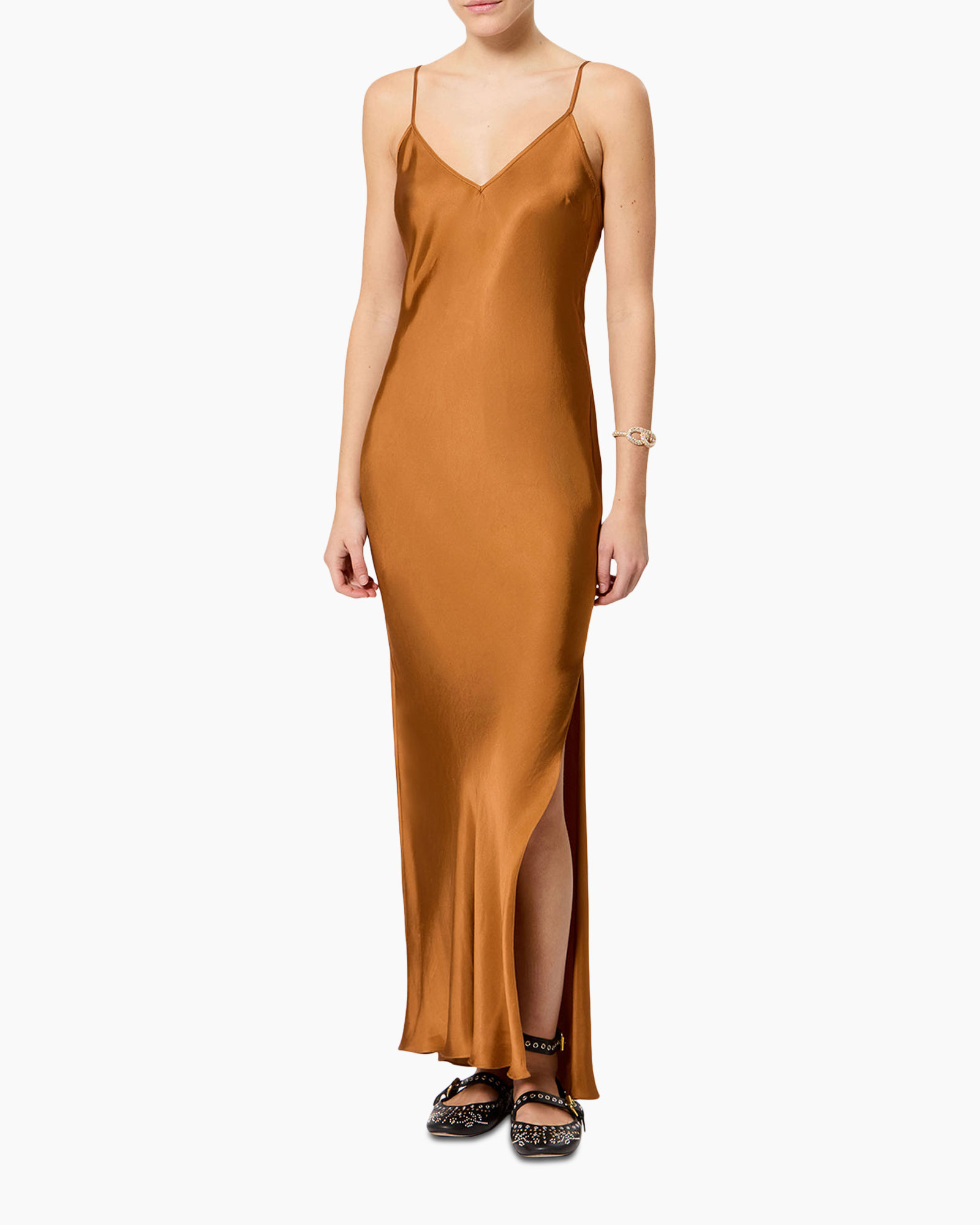 silk, slip dress, maxi dress, spaghetti straps, camel color