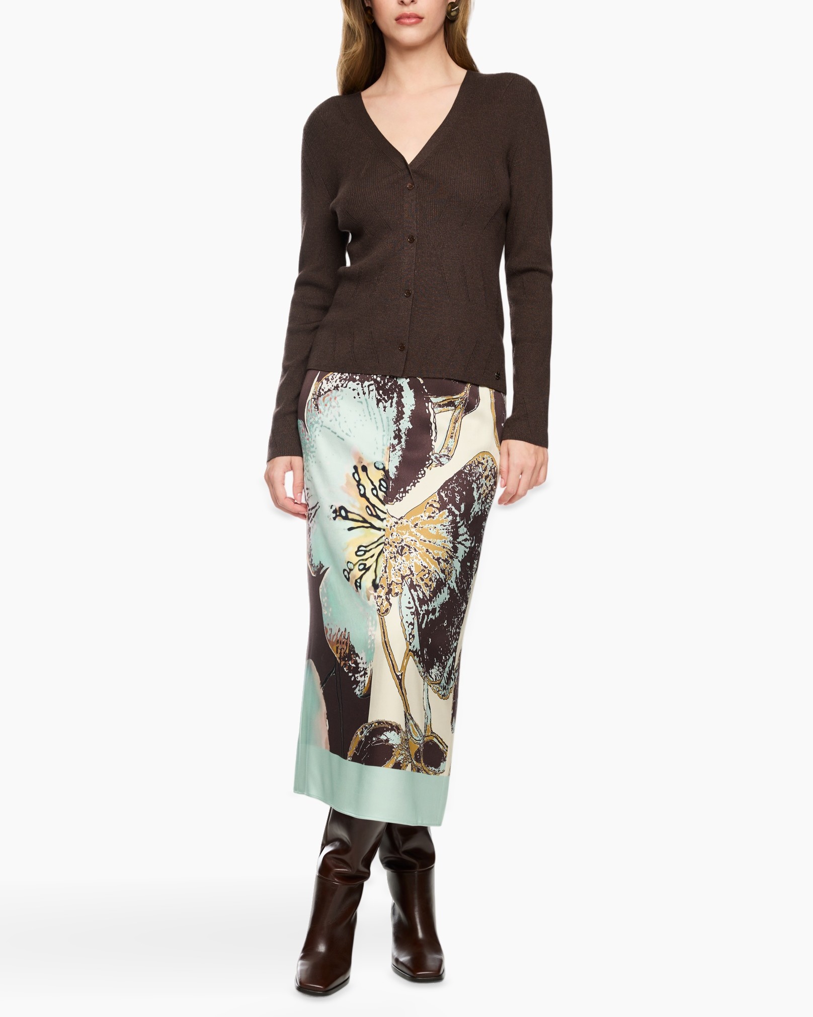 cardigan, brown, long-sleeve, button-up, knee-length skirt