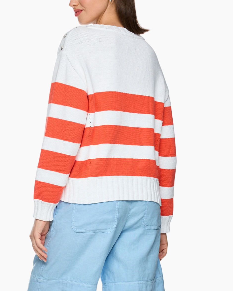 stripe sweater, orange stripe, white knit, crew neck, button-shoulder detail